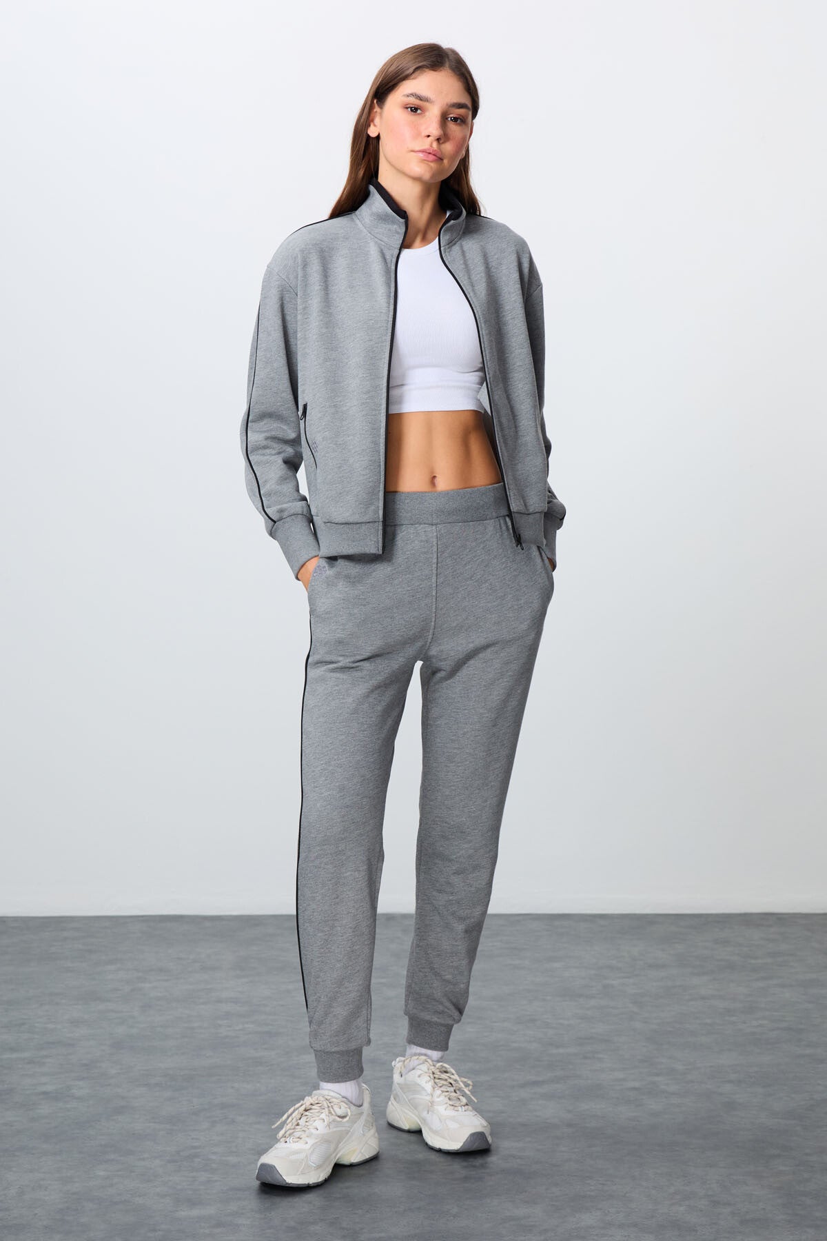 Grey Melange Compact Cotton Thick Smooth Textured Stand Collar Oversize Fit Women's Tracksuit Set - 95340