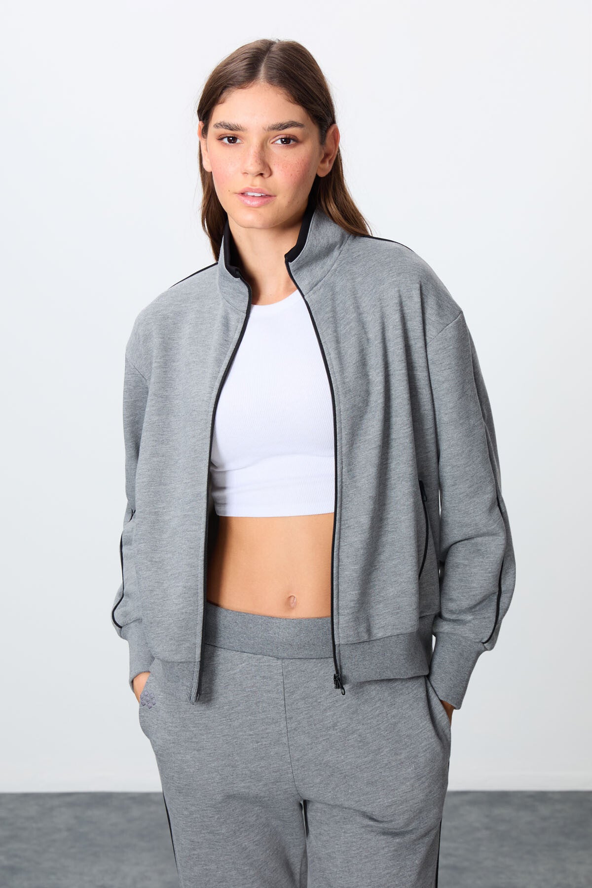 Grey Melange Compact Cotton Thick Smooth Textured Stand Collar Oversize Fit Women's Tracksuit Set - 95340