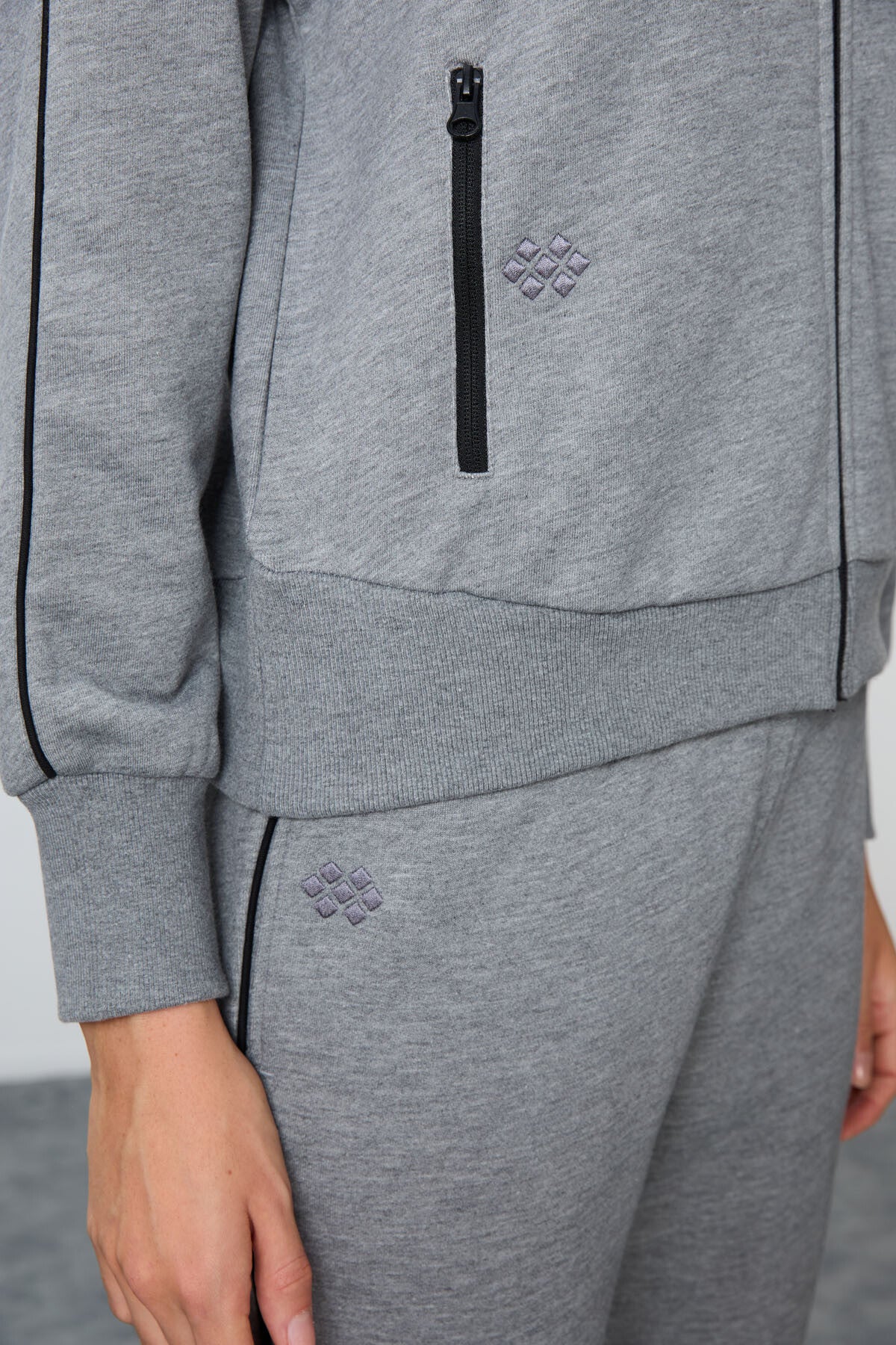 Grey Melange Compact Cotton Thick Smooth Textured Stand Collar Oversize Fit Women's Tracksuit Set - 95340