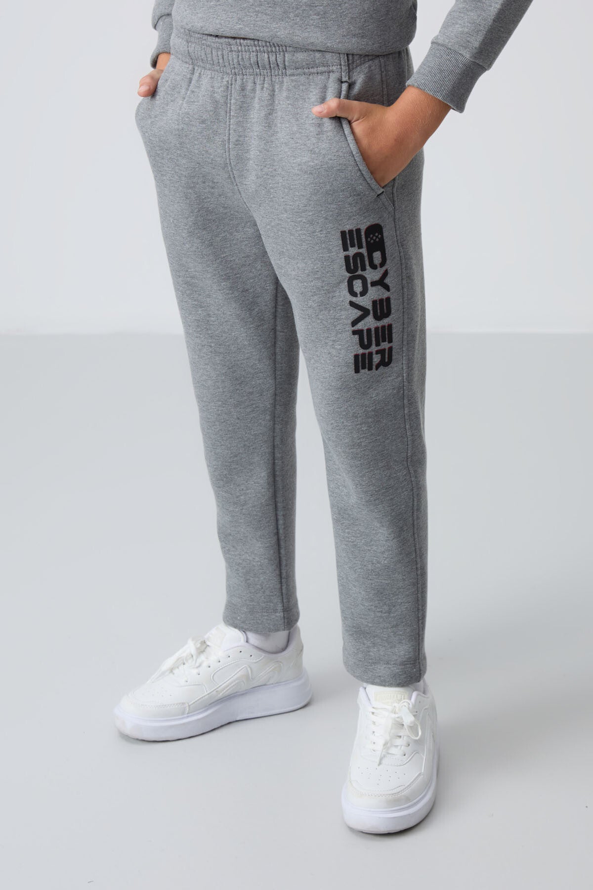 Grey Melange Cotton Thick Fleece-Lined Soft Textured Standard Fit Printed Boys' Tracksuit Set - 11233