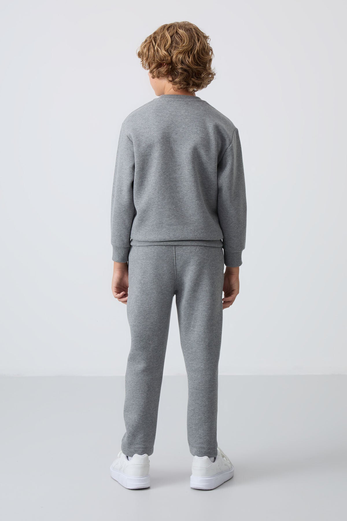 Grey Melange Cotton Thick Fleece-Lined Soft Textured Standard Fit Printed Boys' Tracksuit Set - 11233