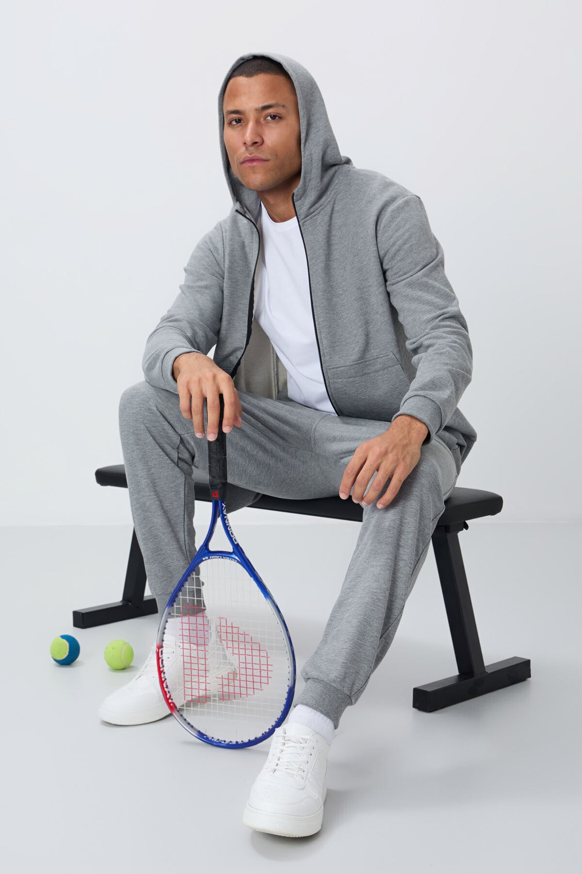 Grey Melange Compact Cotton Thick Smooth Textured Hooded Comfort Fit Men's Tracksuit Set - 85262