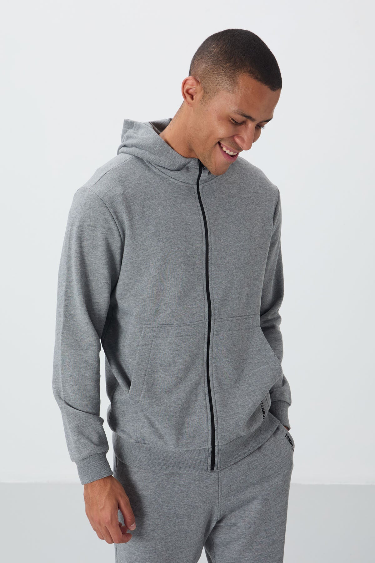 Grey Melange Compact Cotton Thick Smooth Textured Hooded Comfort Fit Men's Tracksuit Set - 85262