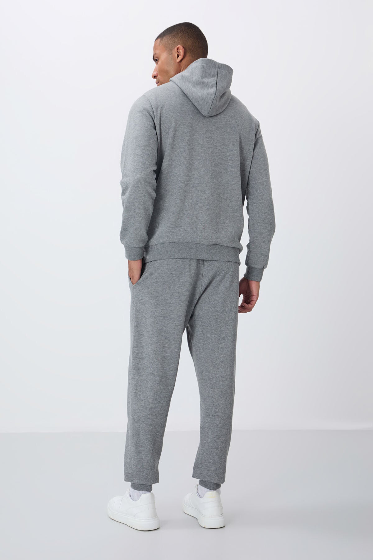 Grey Melange Compact Cotton Thick Smooth Textured Hooded Comfort Fit Men's Tracksuit Set - 85262