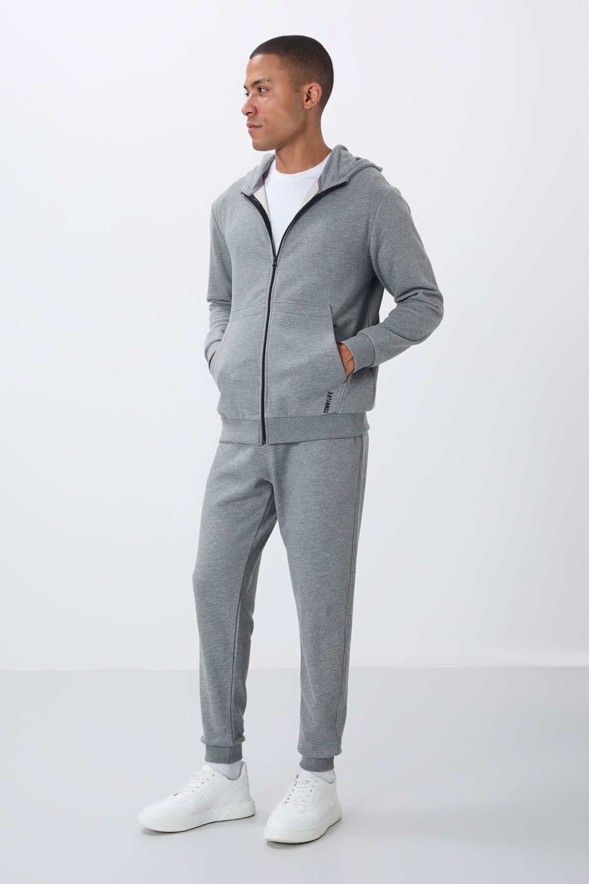 Grey Melange Compact Cotton Thick Smooth Textured Hooded Comfort Fit Men's Tracksuit Set - 85262