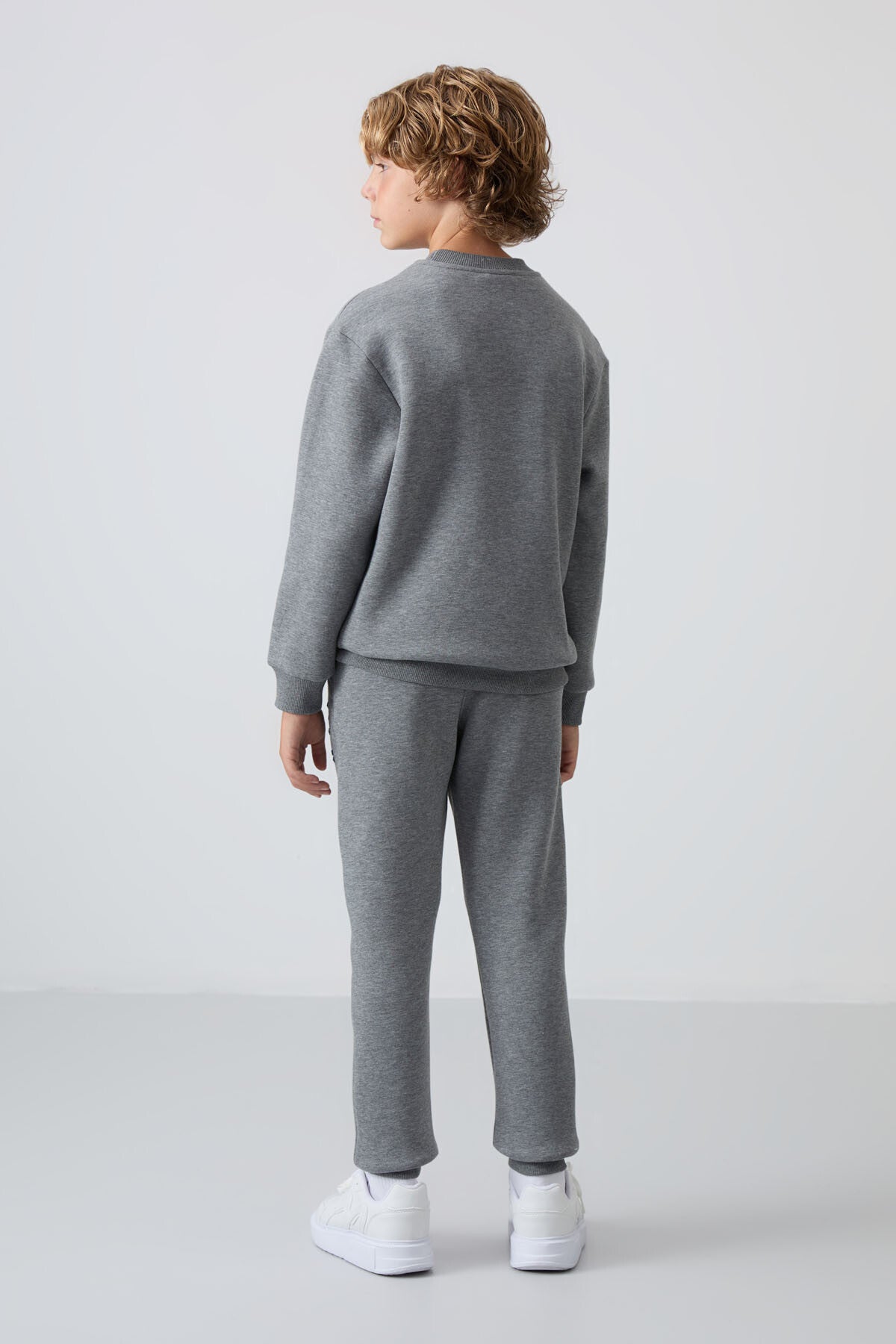 Grey Melange Cotton Thick Fleece-Lined Soft Textured Standard Fit Printed Boys' Tracksuit Set - 11253