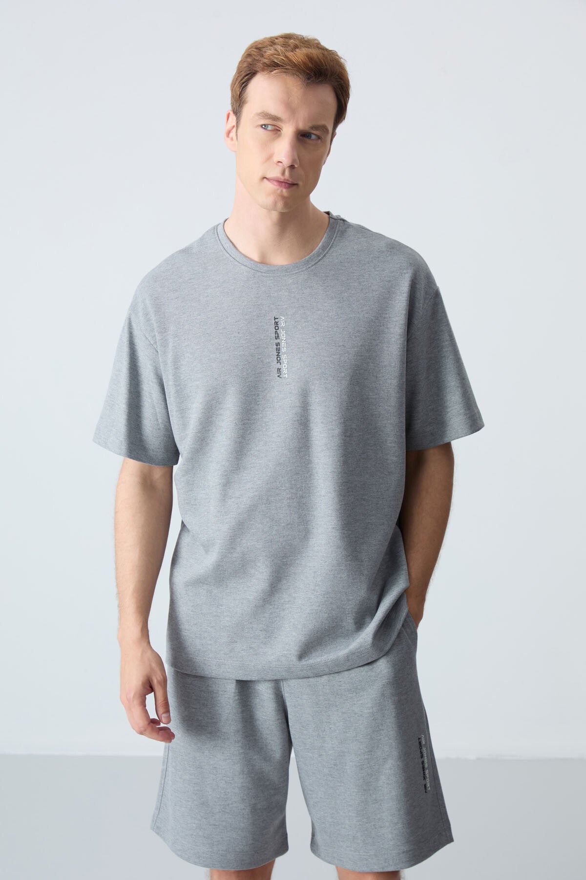 Grey Melange Cotton Thick Soft Textured Oversize Fit Basic Men's Shorts Set - 85258