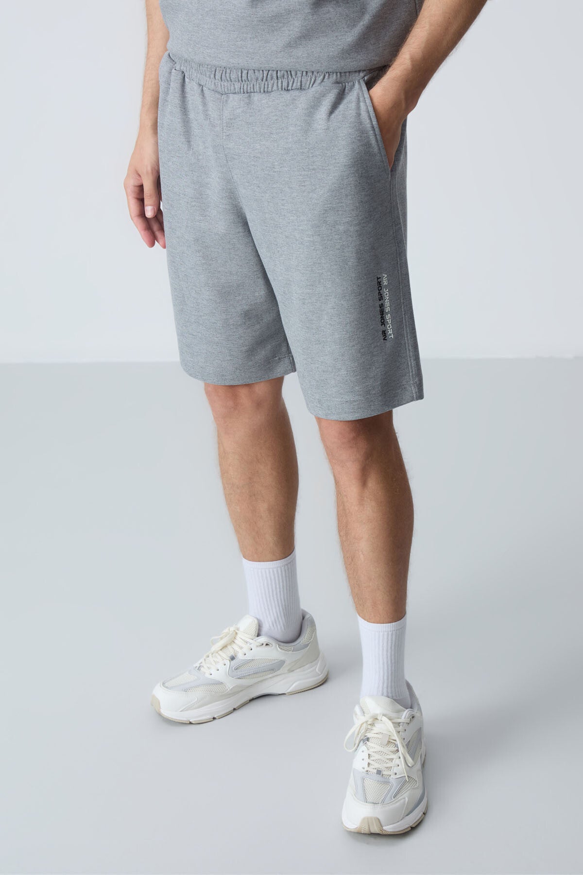 Grey Melange Cotton Thick Soft Textured Oversize Fit Basic Men's Shorts Set - 85258