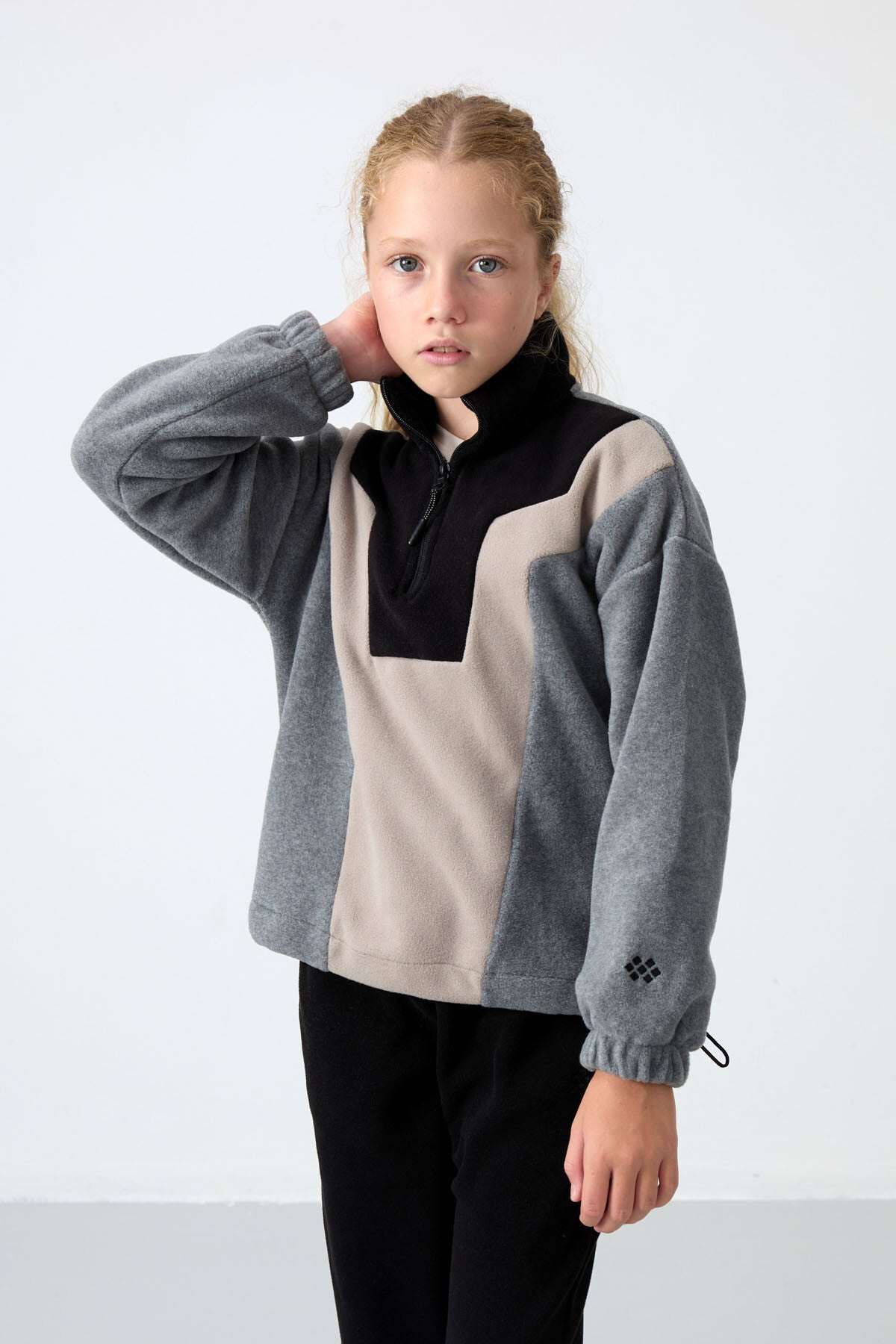 Grey Melange Thick Soft Textured Oversize Embroidered Fleece Girl's Sweatshirt - 75153