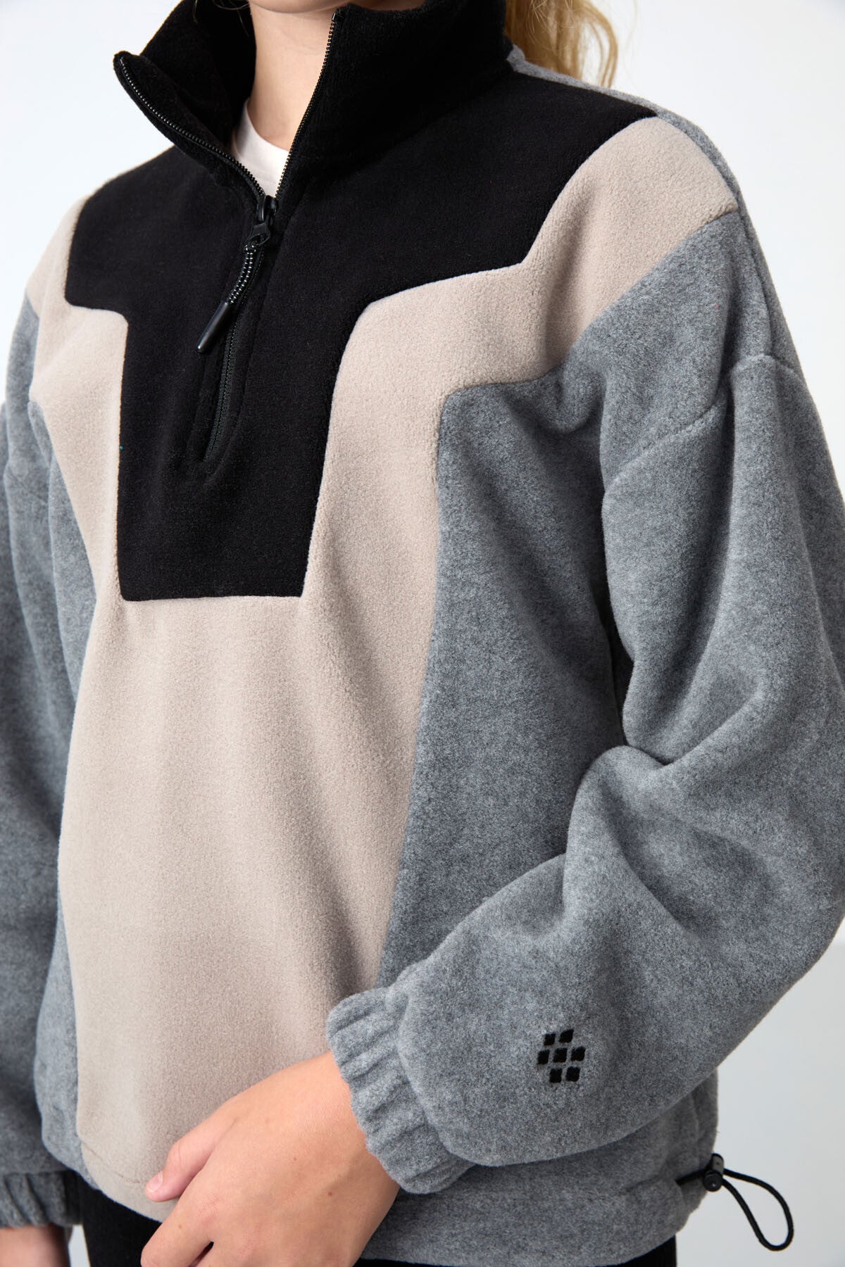 Grey Melange Thick Soft Textured Oversize Embroidered Fleece Girl's Sweatshirt - 75153
