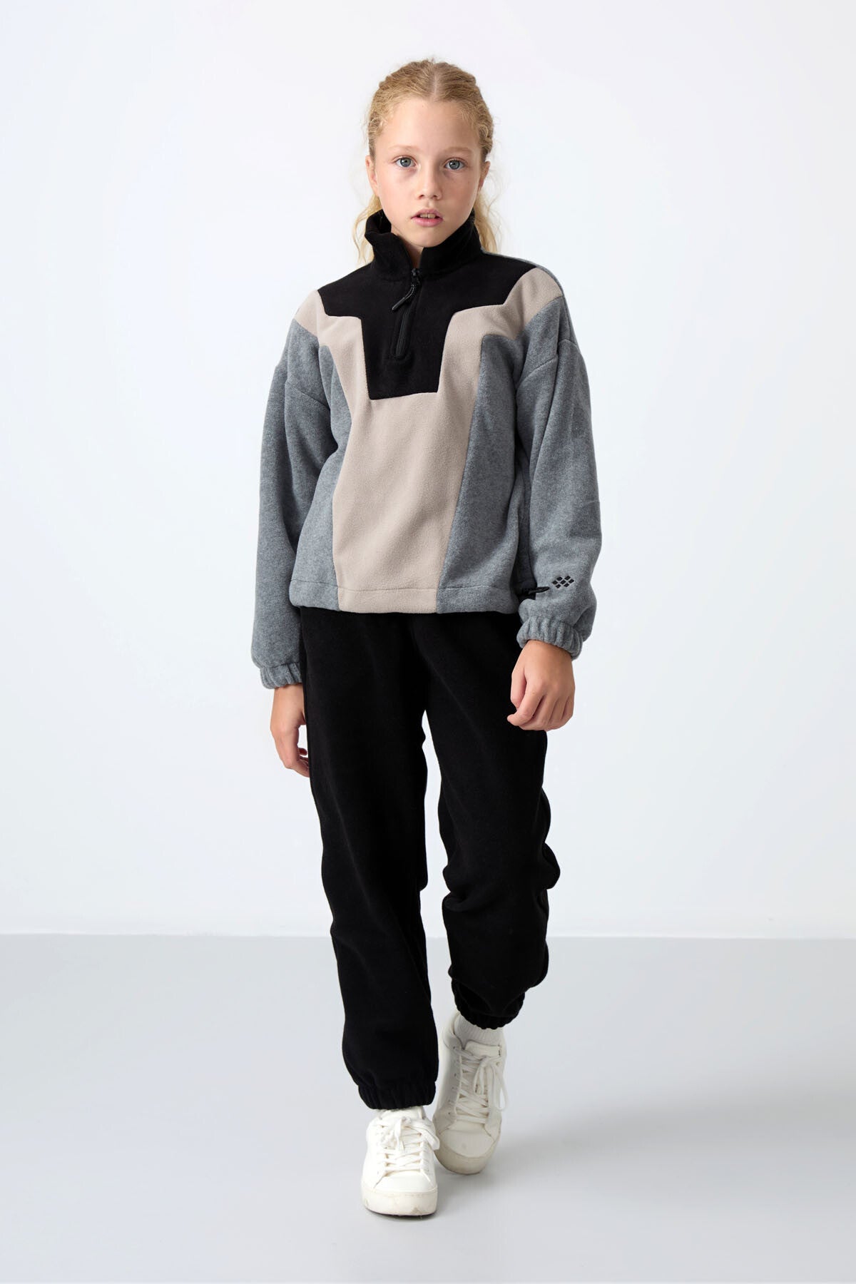 Grey Melange Thick Soft Textured Oversize Embroidered Fleece Girl's Sweatshirt - 75153