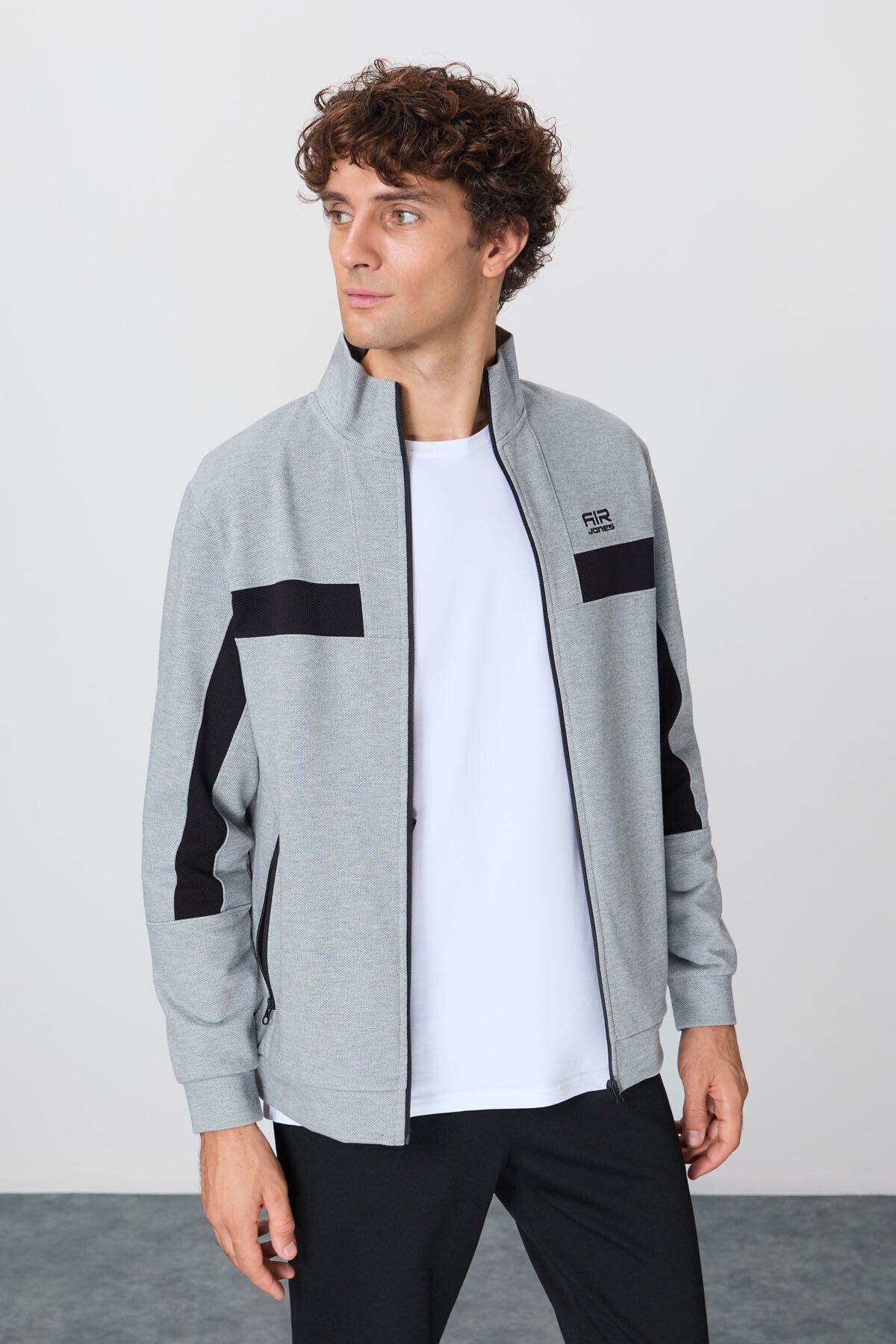 Grey Melange-Black Textured Surface Standard Fit Embroidered Men's Tracksuit Set - 85248