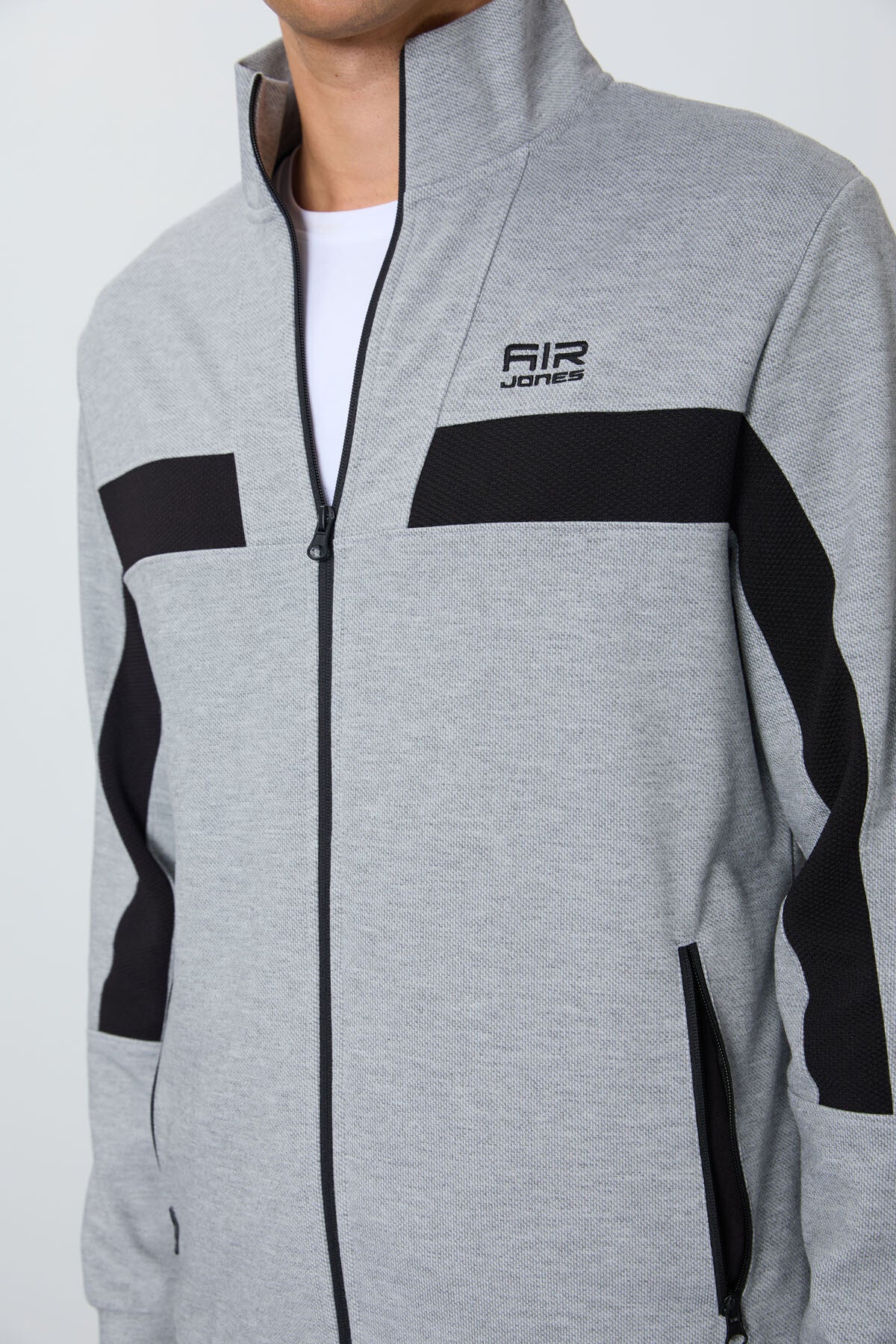 Grey Melange-Black Textured Surface Standard Fit Embroidered Men's Tracksuit Set - 85248