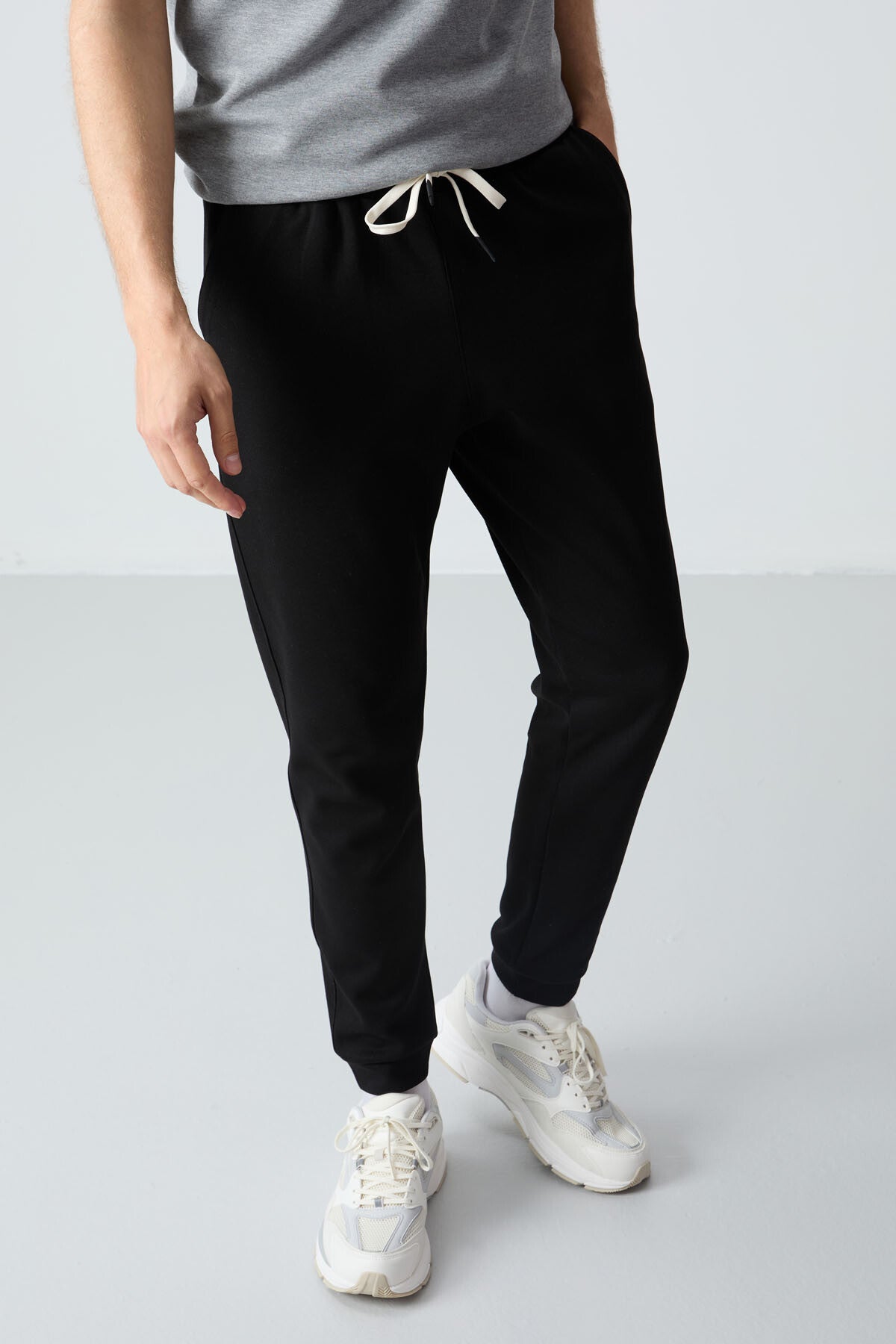 Gray Melange Black Cotton Thick Soft Textured Oversize Fit Basic Men's Tracksuit Set - 85261