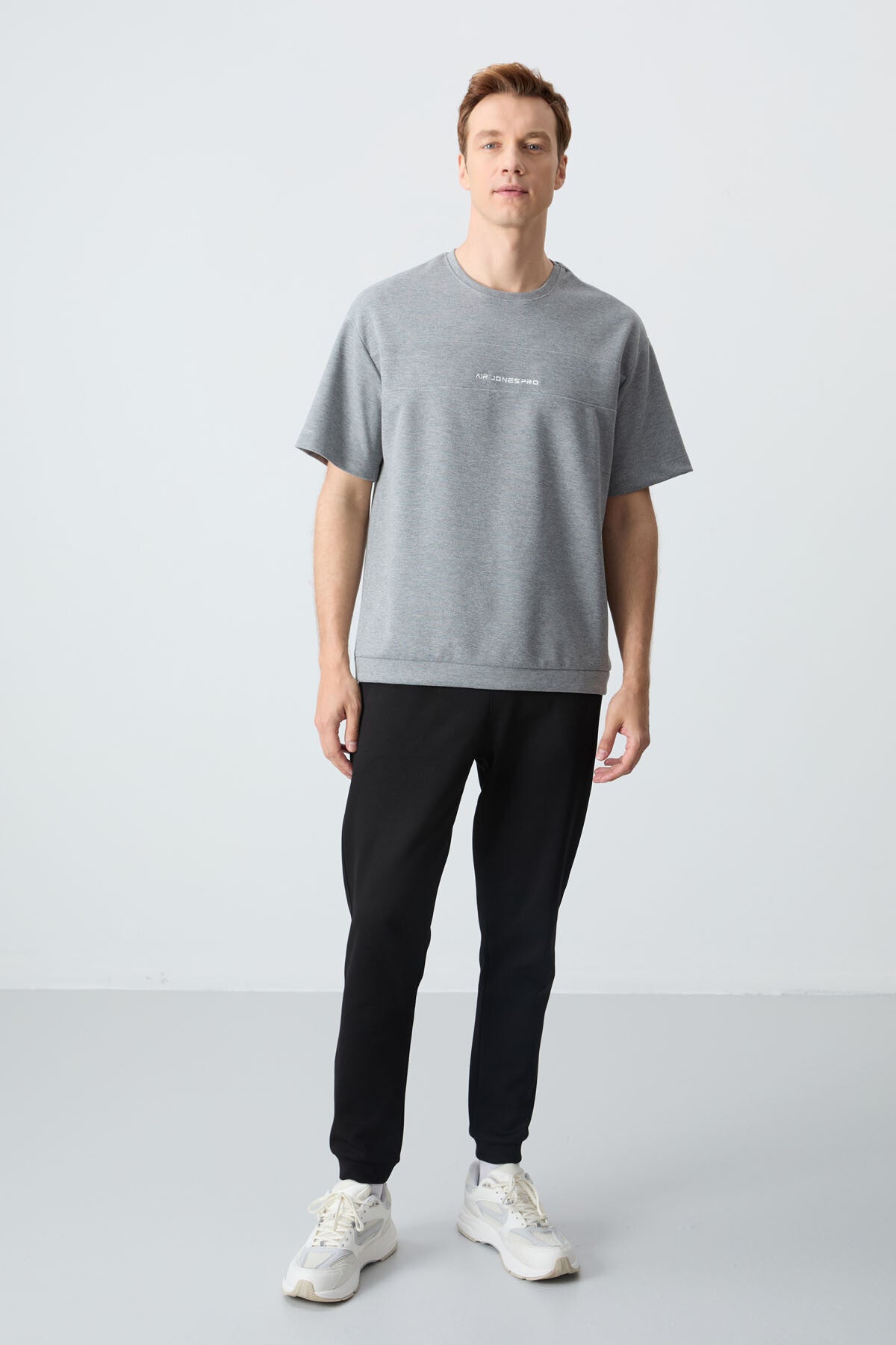 Gray Melange Black Cotton Thick Soft Textured Oversize Fit Basic Men's Tracksuit Set - 85261