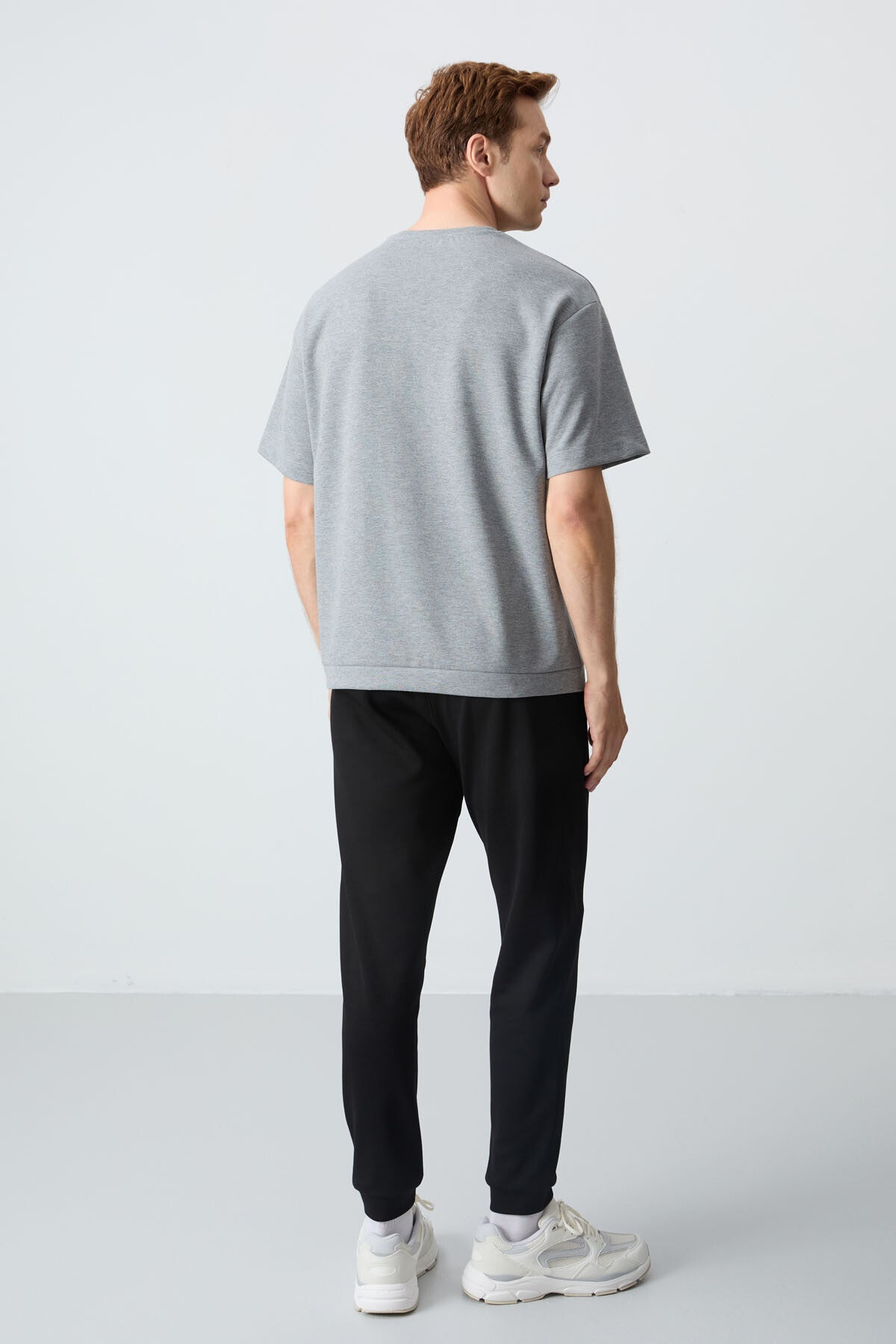 Gray Melange Black Cotton Thick Soft Textured Oversize Fit Basic Men's Tracksuit Set - 85261