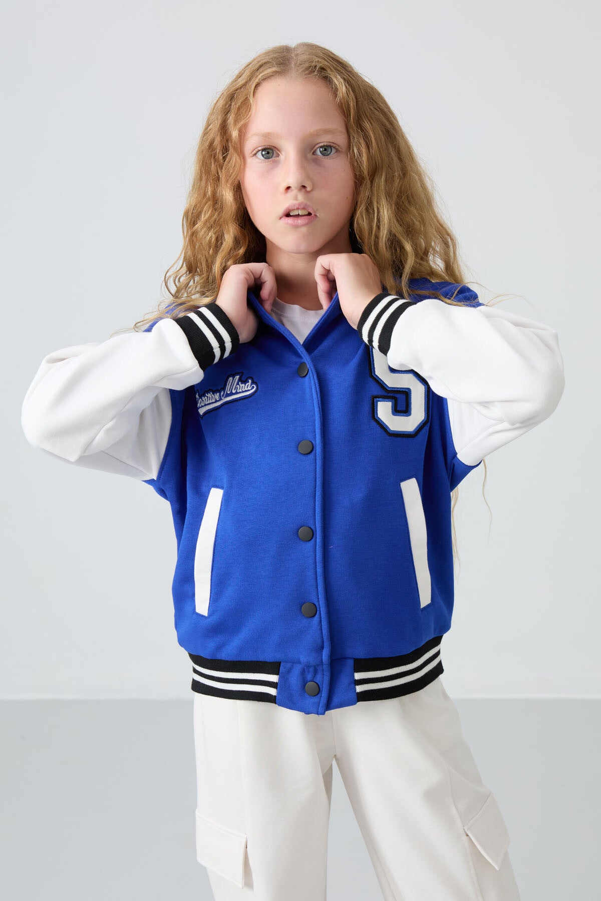 Night Blue Cotton Lined Fleece Soft Textured Standard Fit Embroidered Girls' College Jacket - 75163