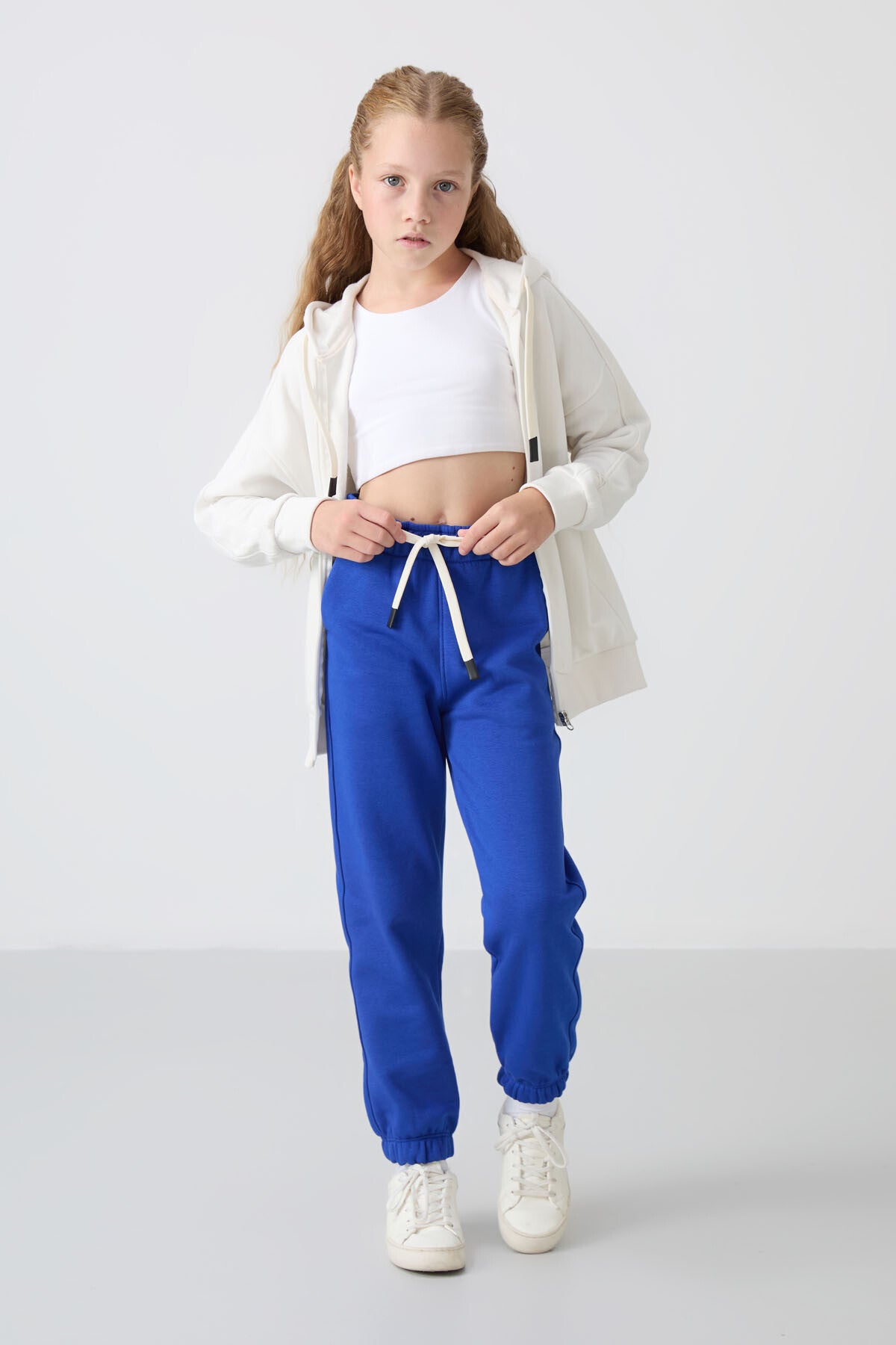 Night Blue Cotton Fleece-Lined Soft Textured Standard Fit Embroidered Girls' Tracksuit Bottom - 75158