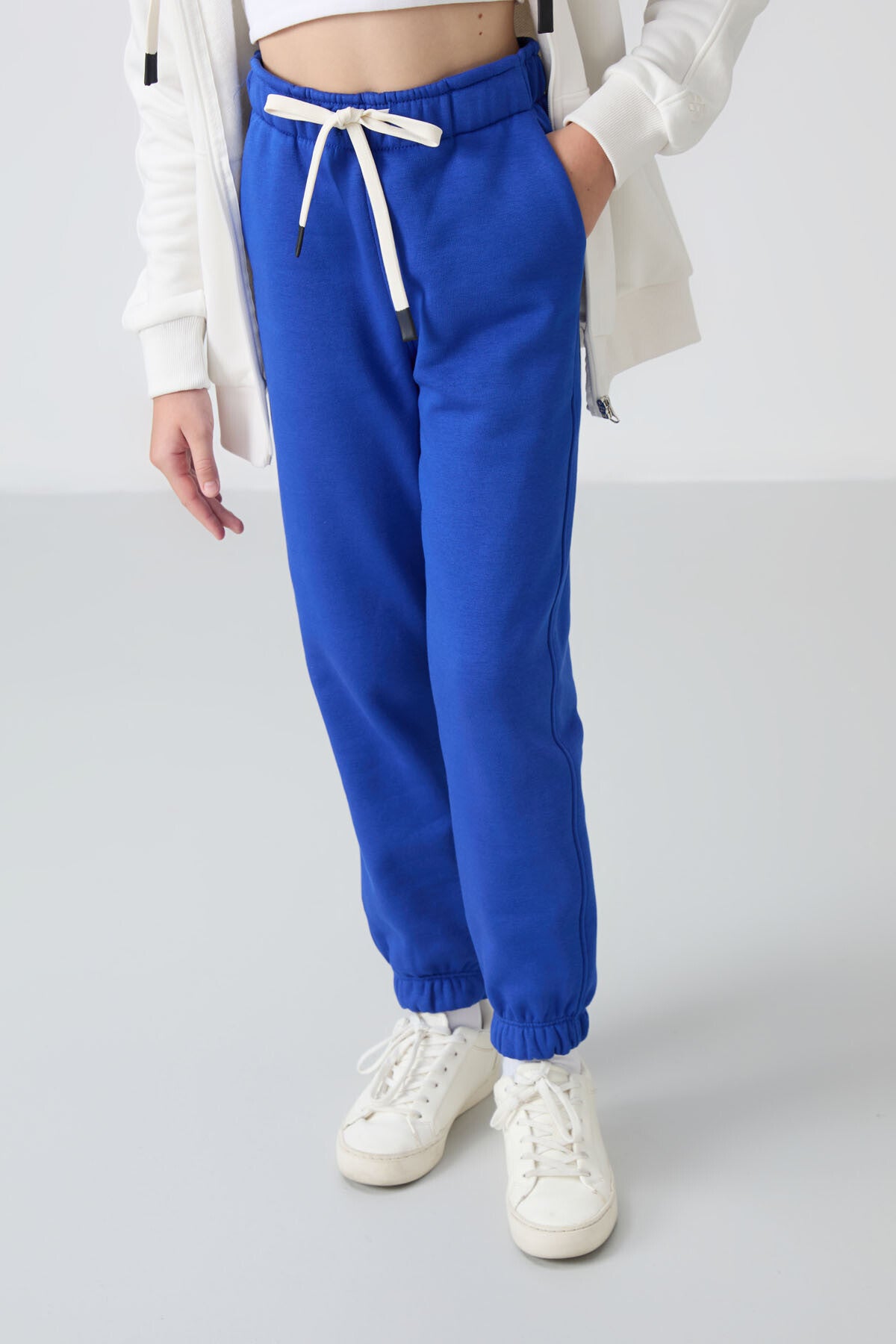 Night Blue Cotton Fleece-Lined Soft Textured Standard Fit Embroidered Girls' Tracksuit Bottom - 75158