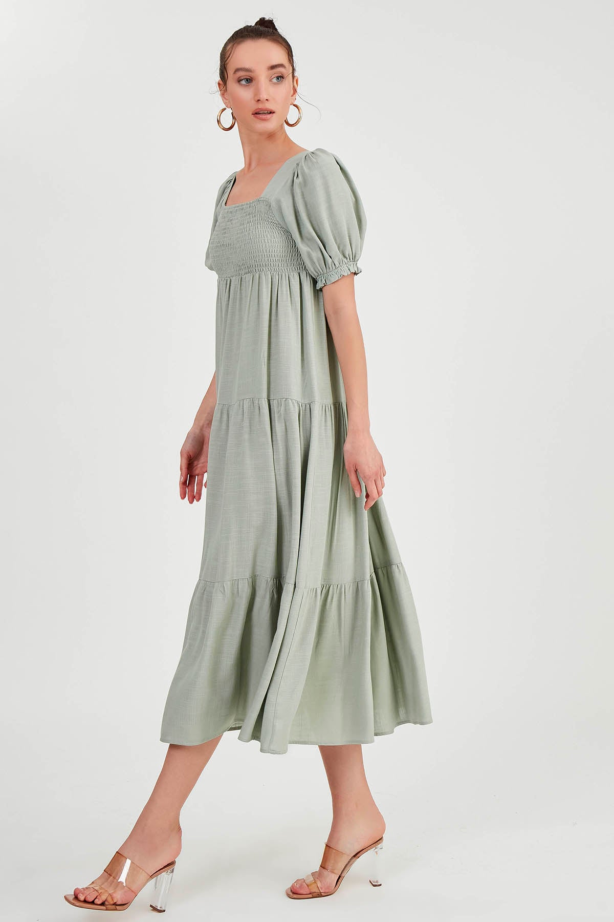 PUFF SLEEVE TIERED LONG DRESS
