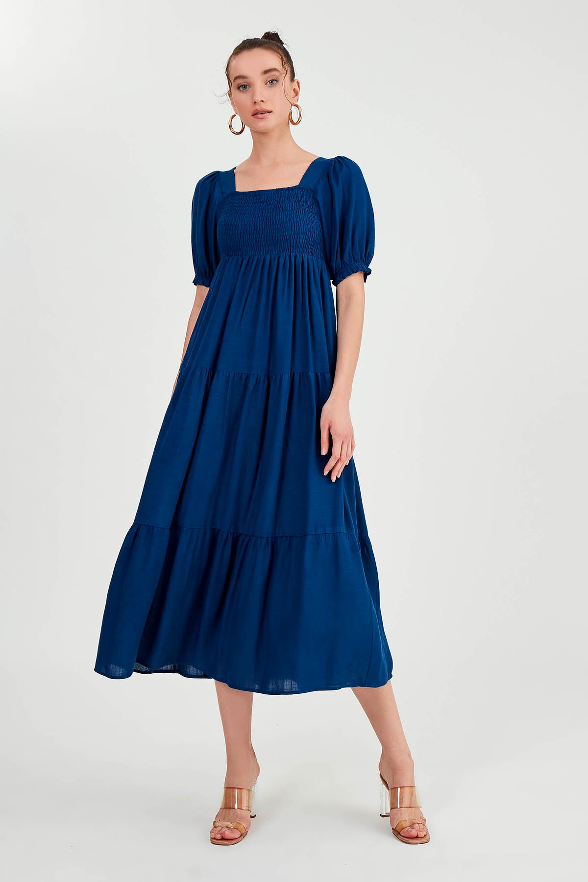 PUFF SLEEVE TIERED LONG DRESS