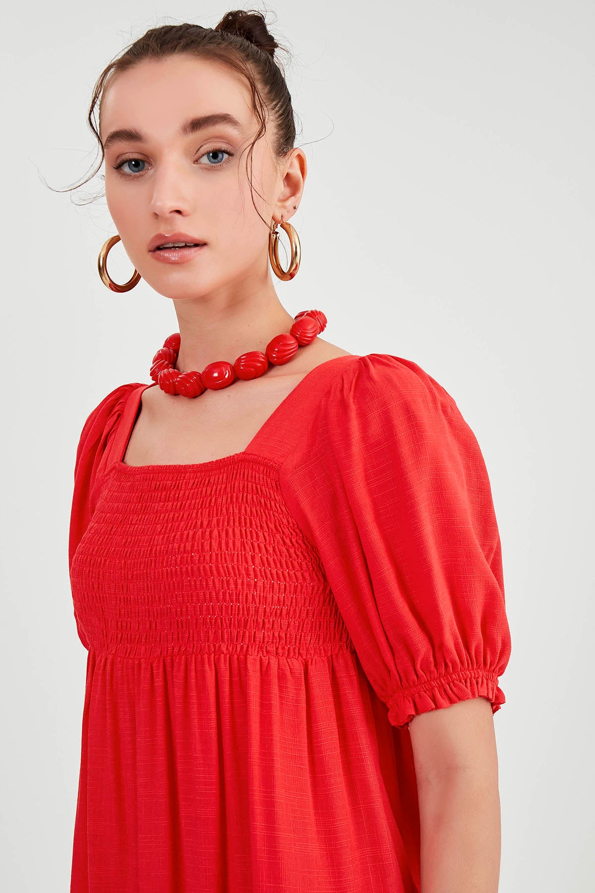 PUFF SLEEVE TIERED LONG DRESS