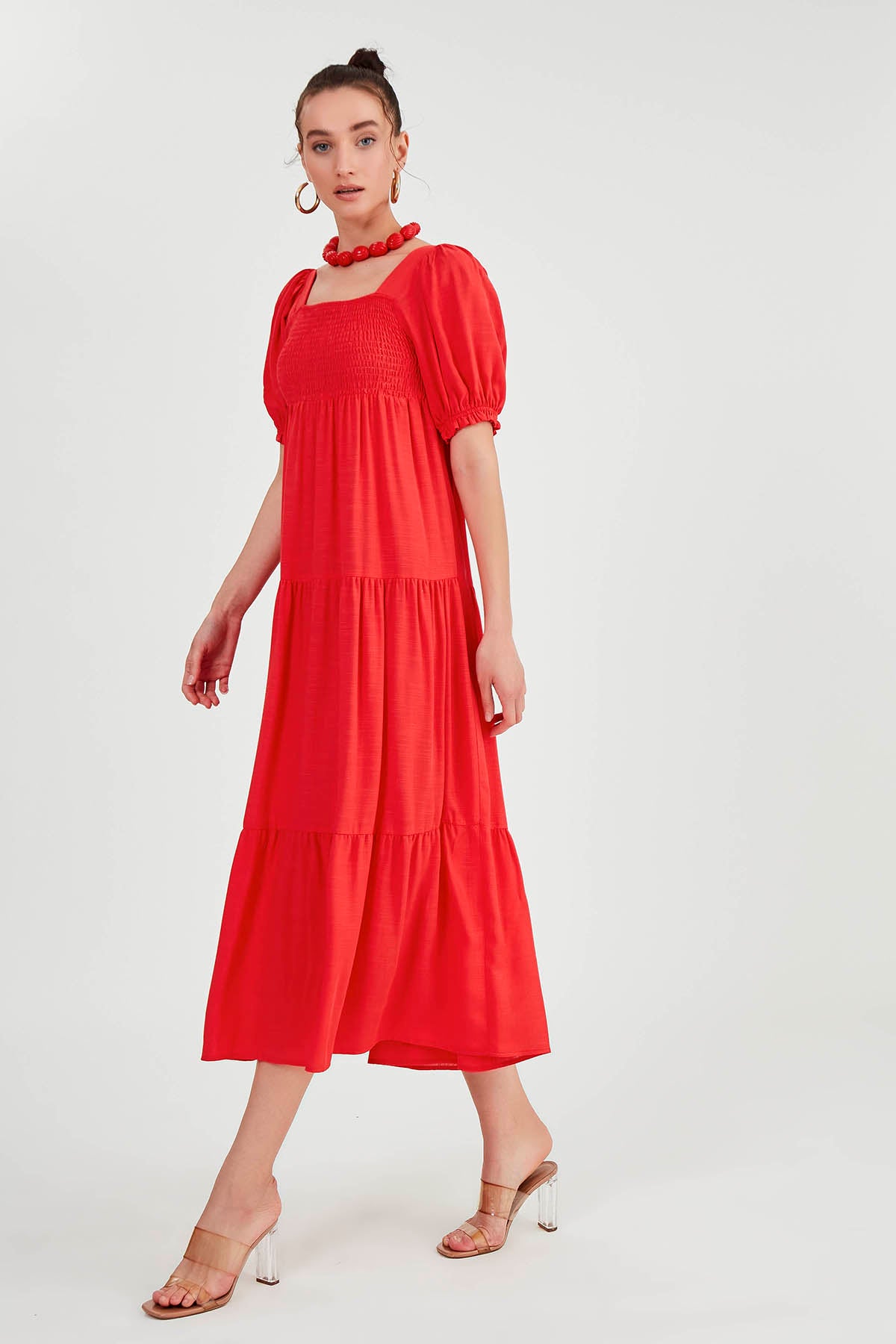 PUFF SLEEVE TIERED LONG DRESS