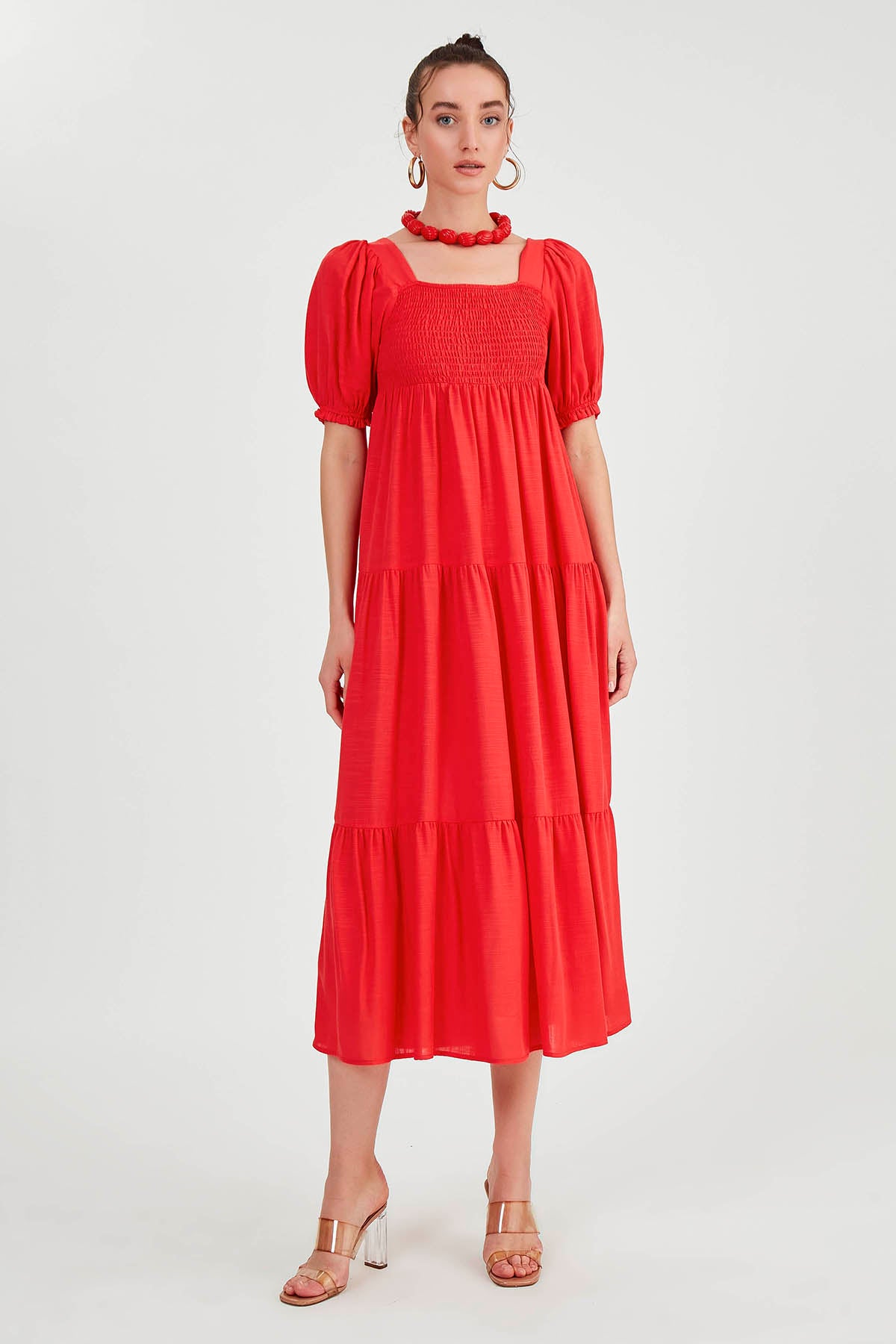 PUFF SLEEVE TIERED LONG DRESS