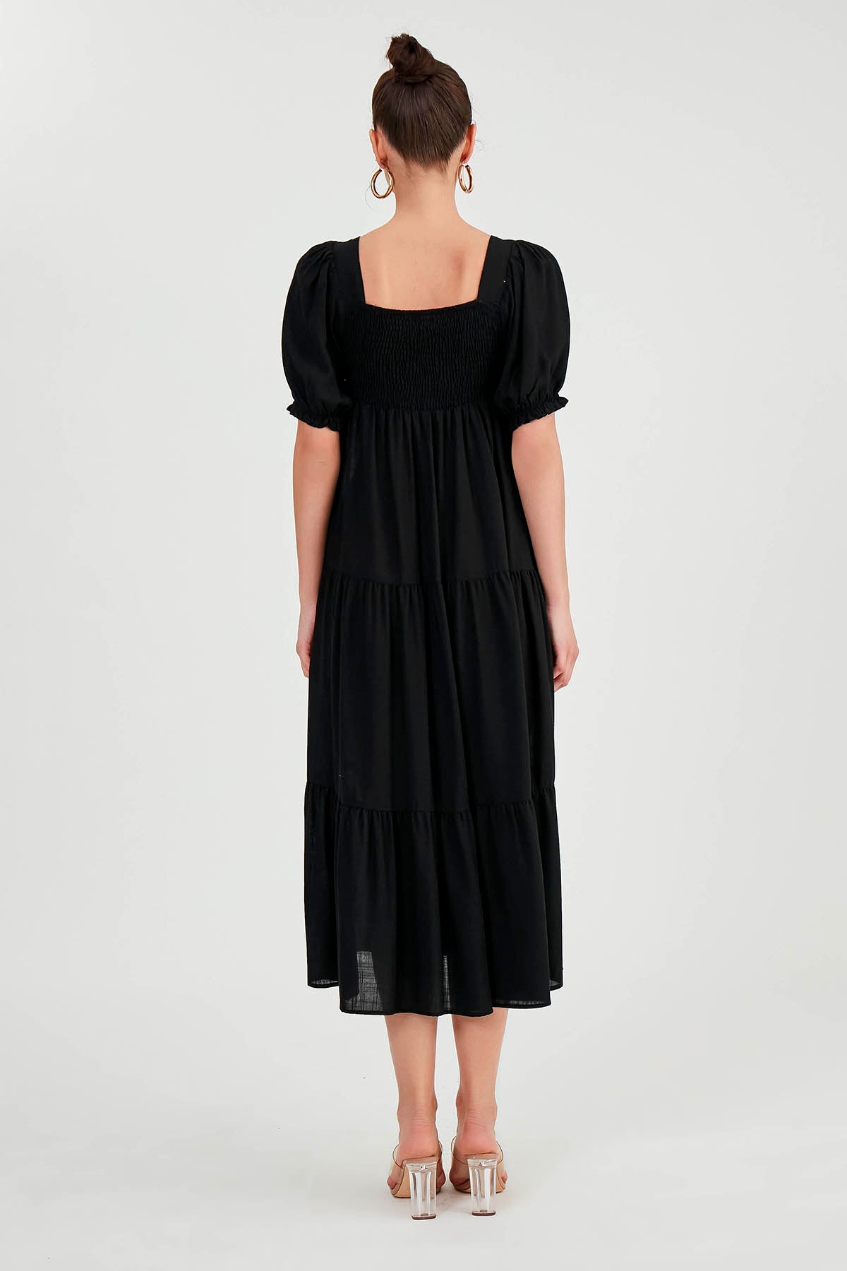 PUFF SLEEVE TIERED LONG DRESS