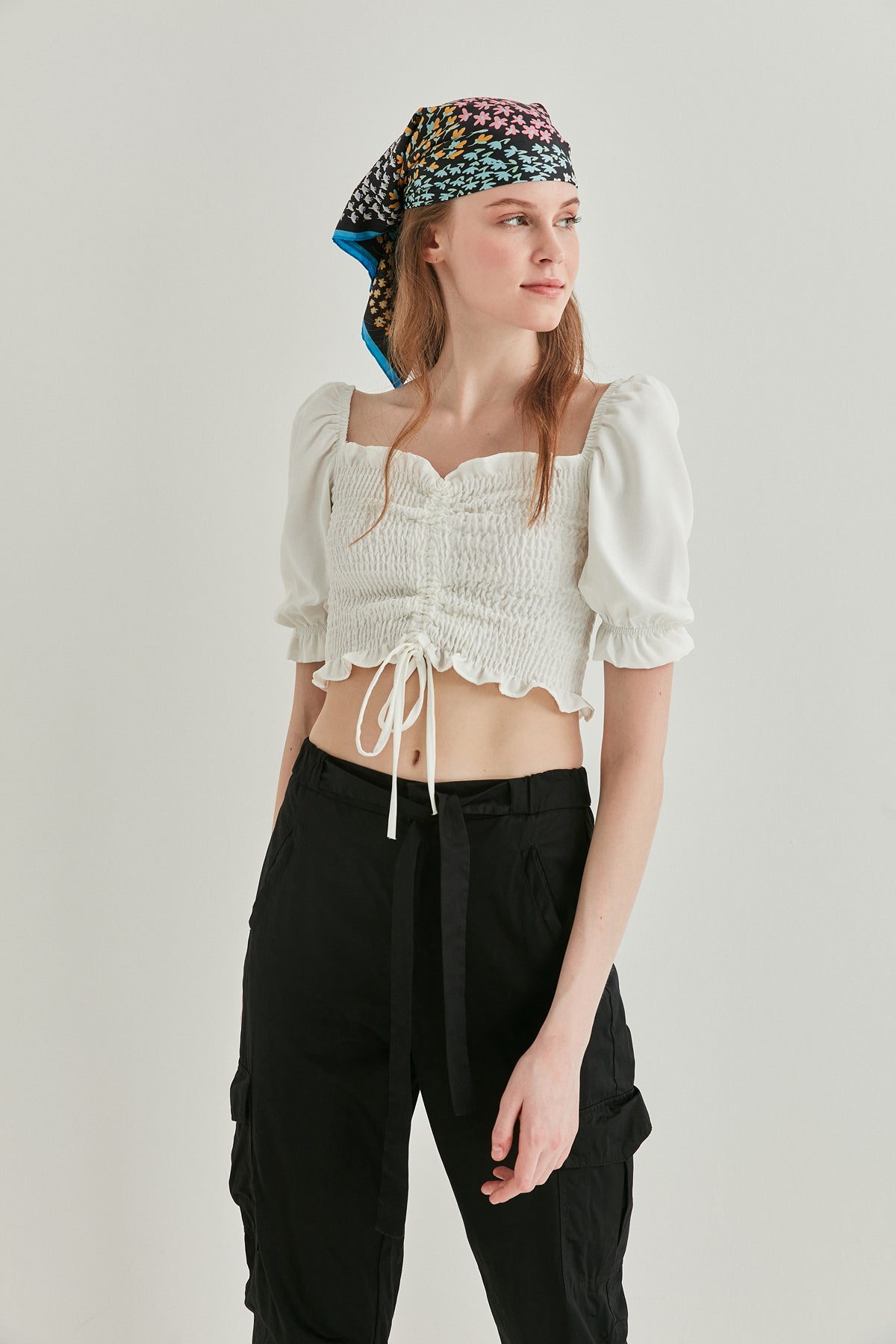 COILED FRONT DRAWSTRING MINI BLOUSE