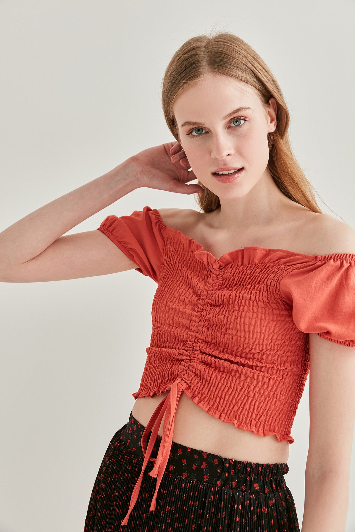 COILED FRONT DRAWSTRING MINI BLOUSE