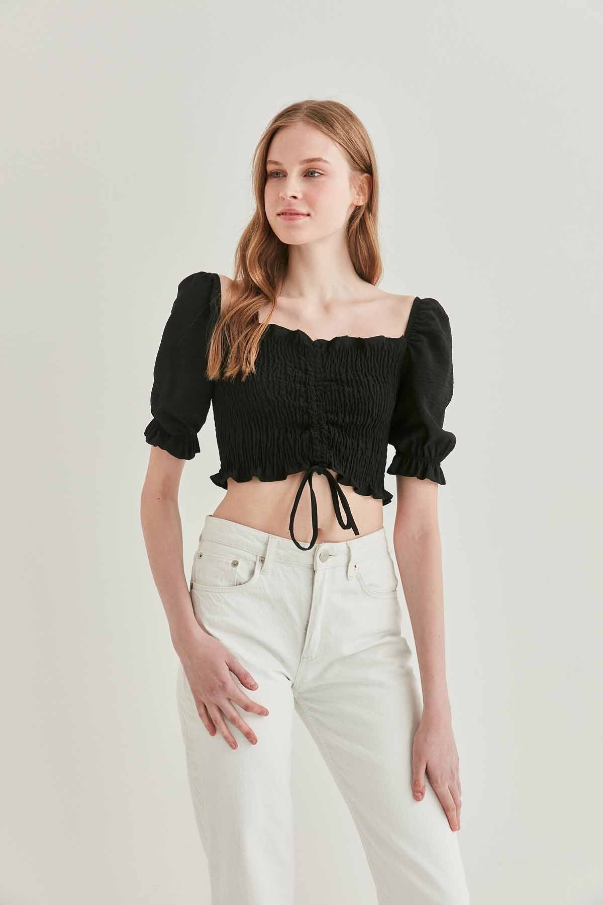 COILED FRONT DRAWSTRING TROJAN SLEEVE BLOUSE