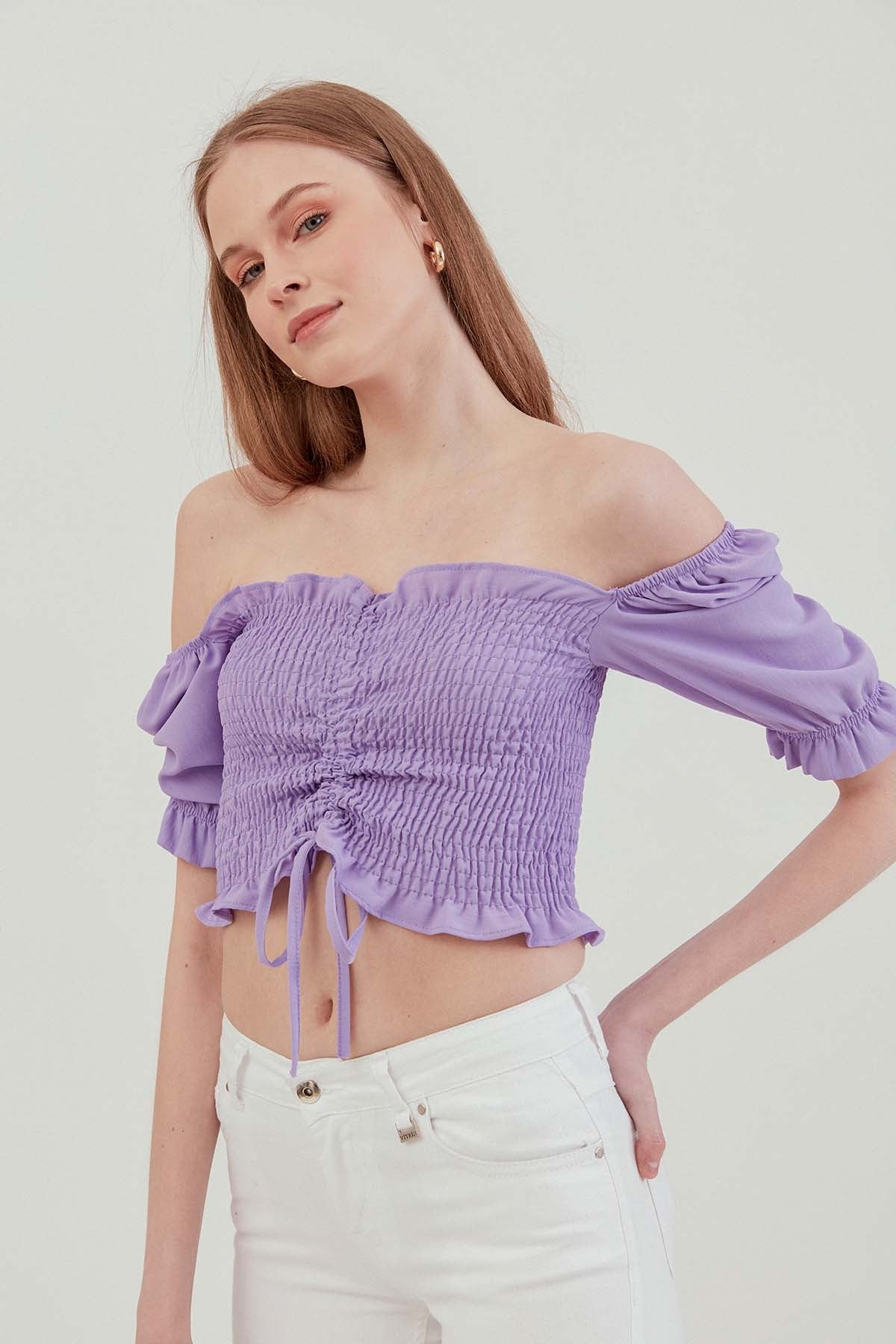 COILED FRONT DRAWSTRING TROJAN SLEEVE BLOUSE