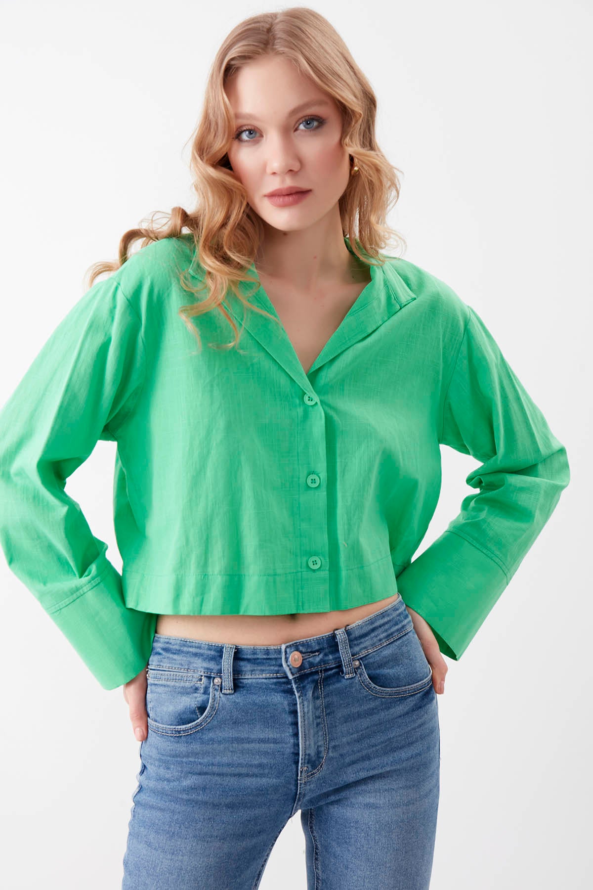 VISCOSE FLAX CROP SHIRT WITH BUTTONS