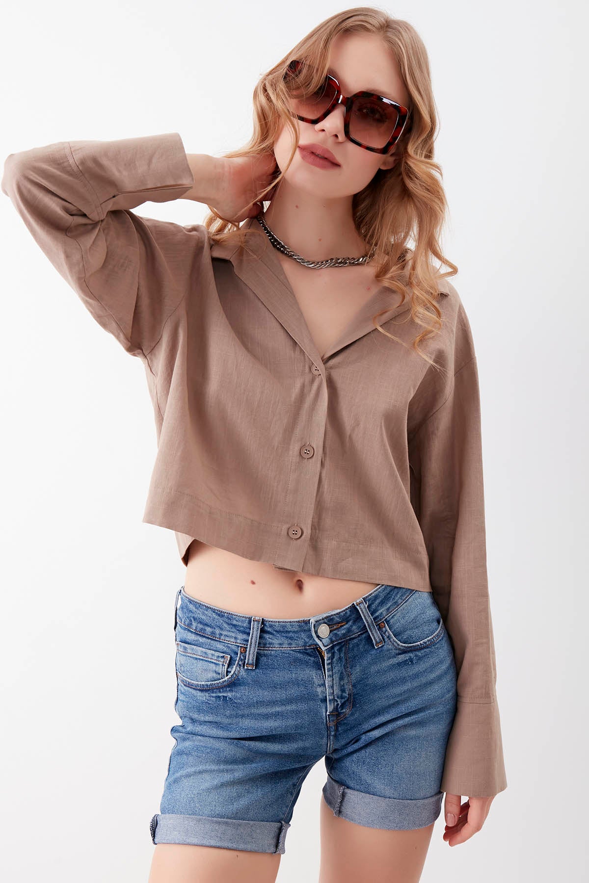 VISCOSE FLAX CROP SHIRT WITH BUTTONS