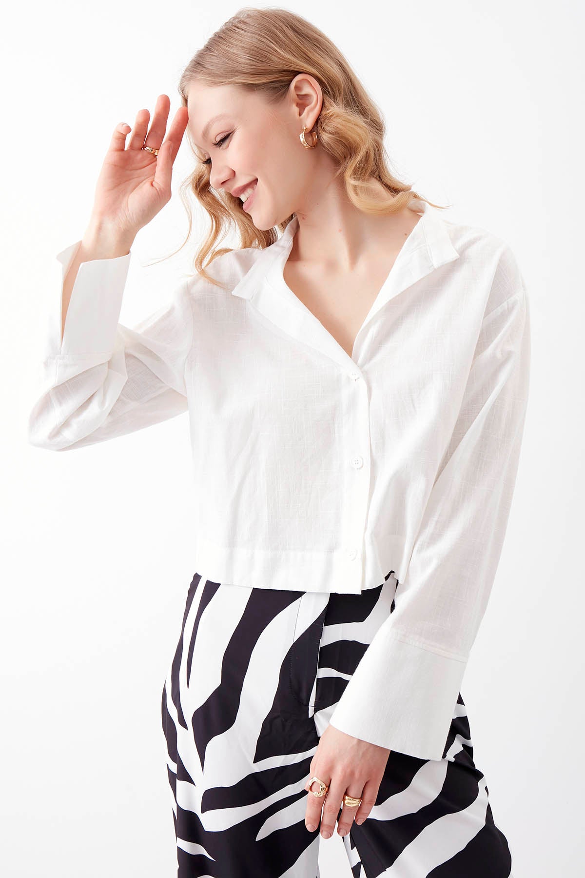 VISCOSE FLAX CROP SHIRT WITH BUTTONS