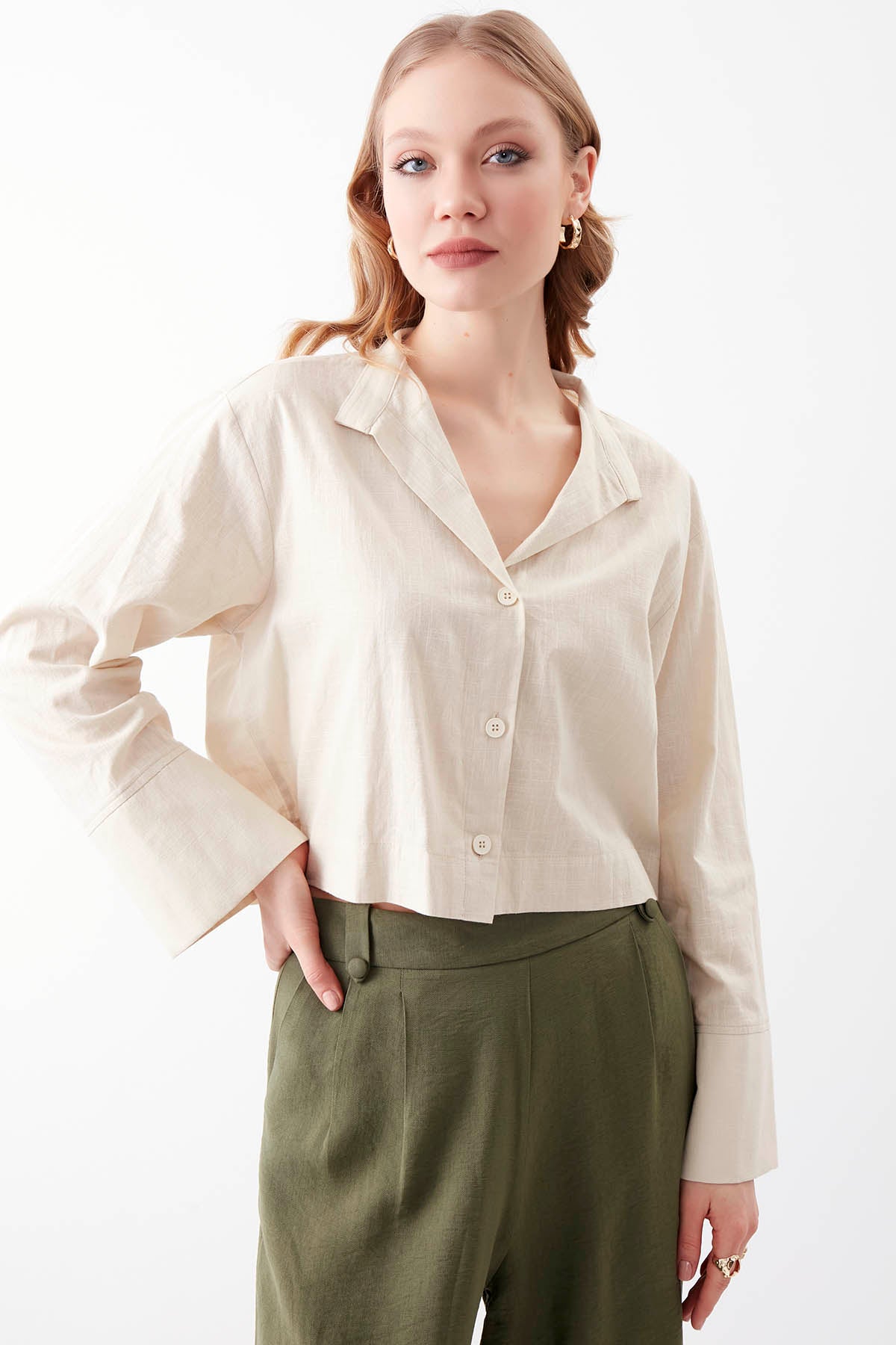 VISCOSE FLAX CROP SHIRT WITH BUTTONS