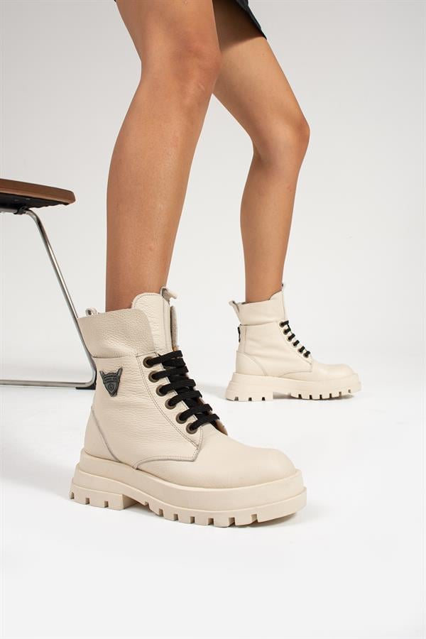 Genuine Leather Beige Women's Boots