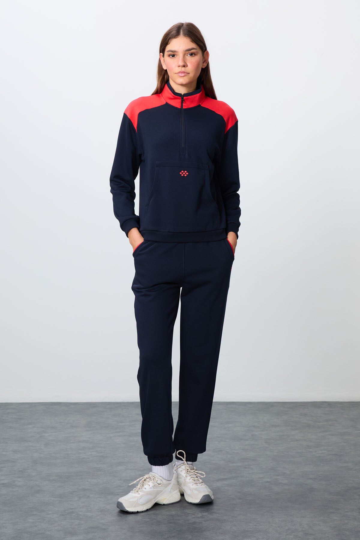 Indigo Compact Cotton Thick Smooth Textured Stand Collar Oversize Fit Women's Tracksuit Set - 95342