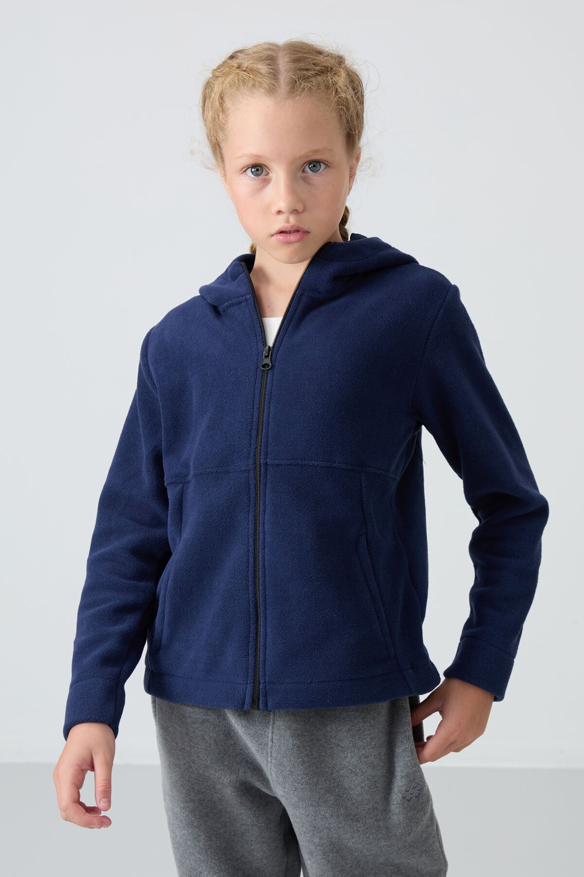 Indigo Thick Soft Textured Standard Fit Embroidered Fleece Girls' Sweatshirt - 75152