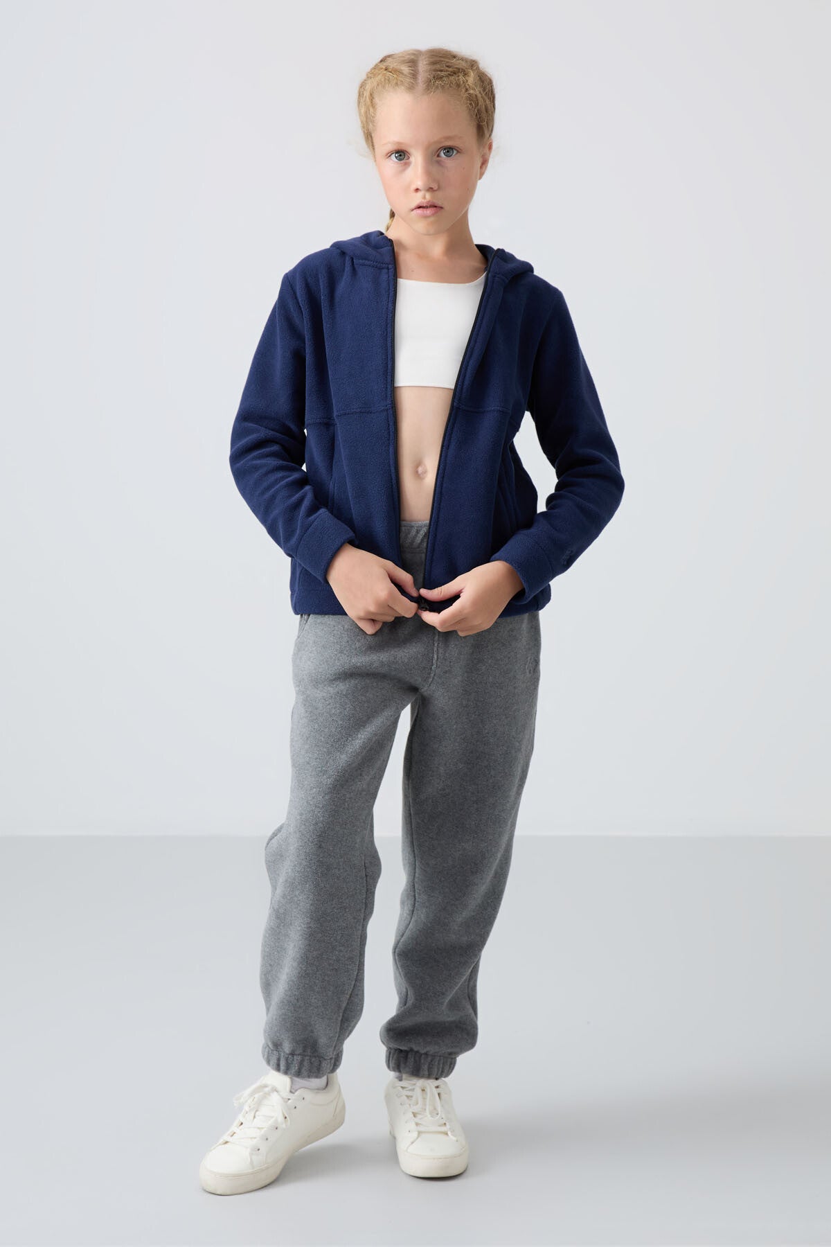 Indigo Thick Soft Textured Standard Fit Embroidered Fleece Girls' Sweatshirt - 75152