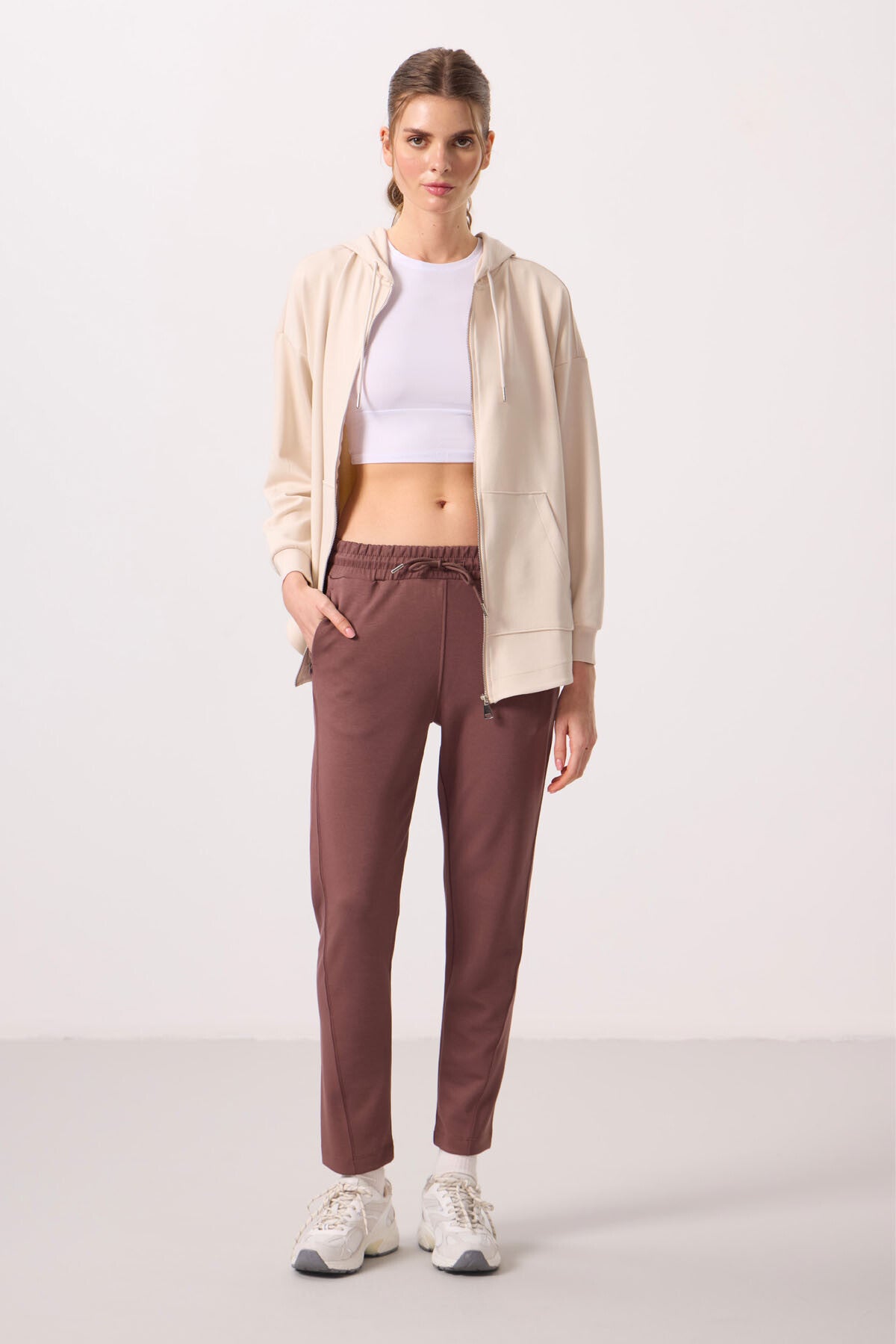 Brown Soft Textured Hidden Zipper Slim Leg Women's Trousers - 94668