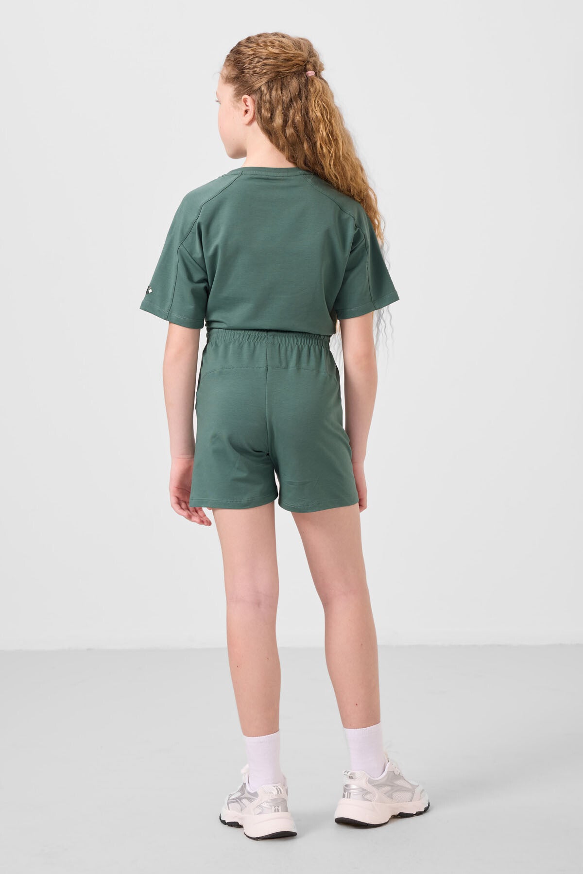 Light green cotton soft woven standard fit basic girls shorts set - 75184