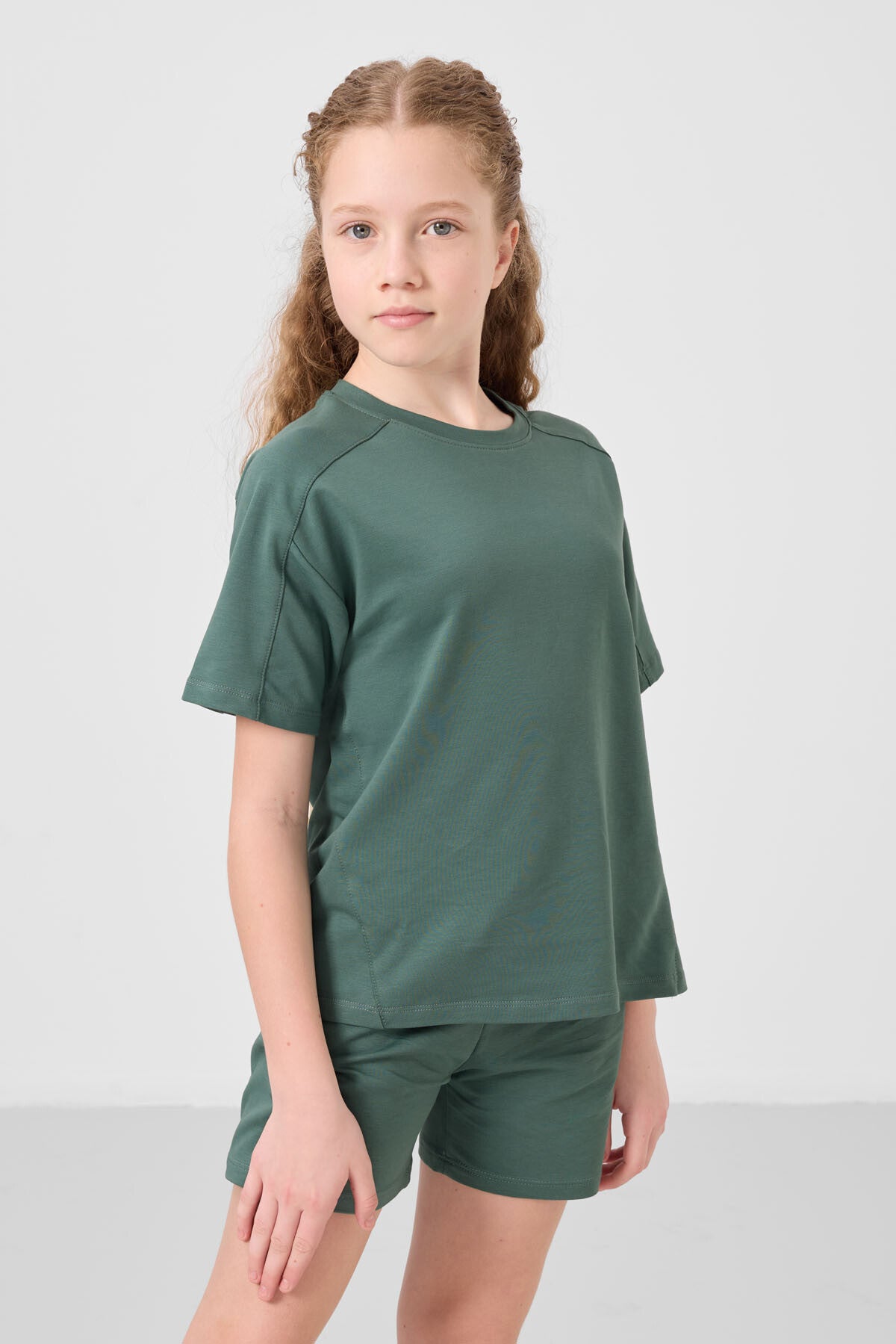 Light green cotton soft woven standard fit basic girls shorts set - 75184