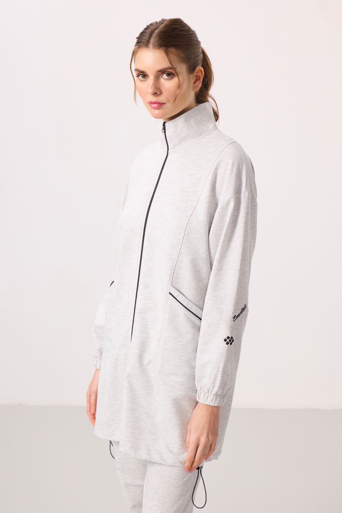 Dark Brown High Neck Zippered Comfort Fit Women's Tracksuit Tunic Set - 95345