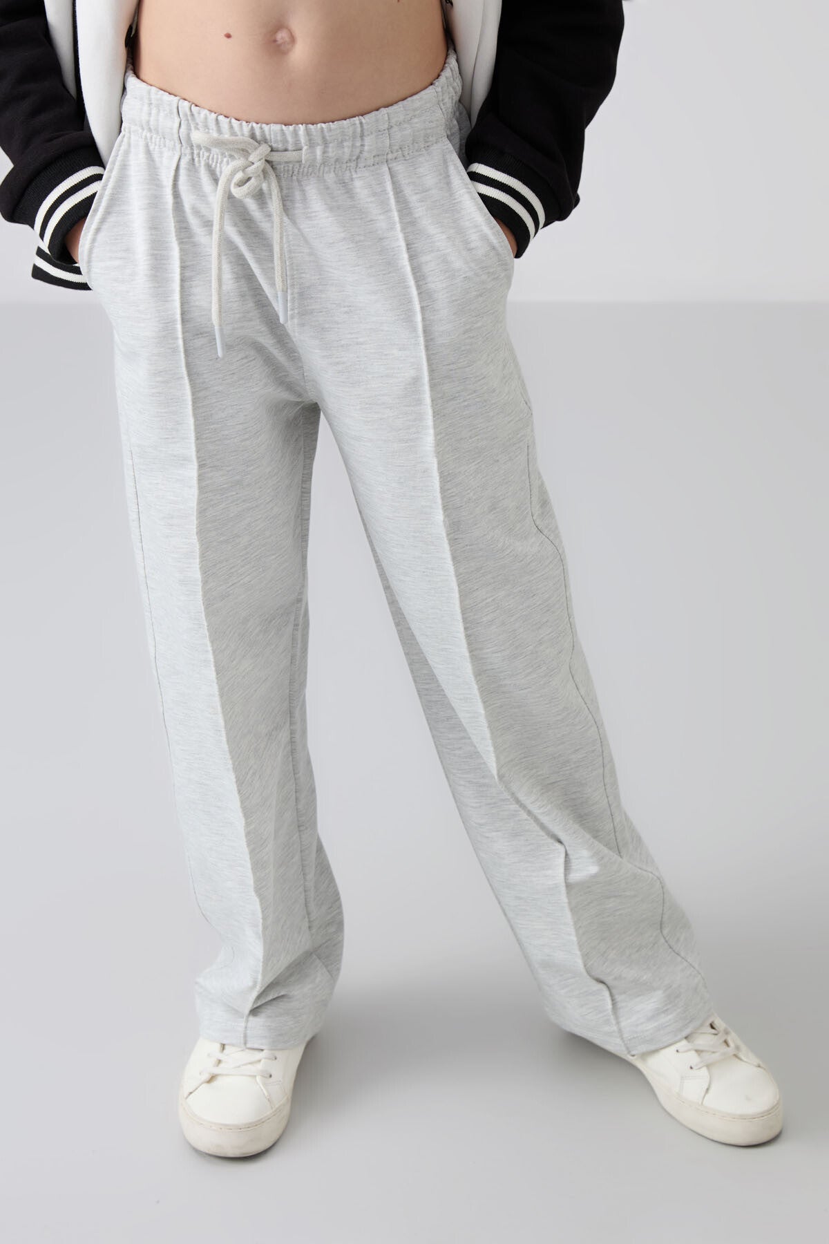 Ice Melange Striped No Sew Detailed Wide Leg Girls' Tracksuit Bottom -75144