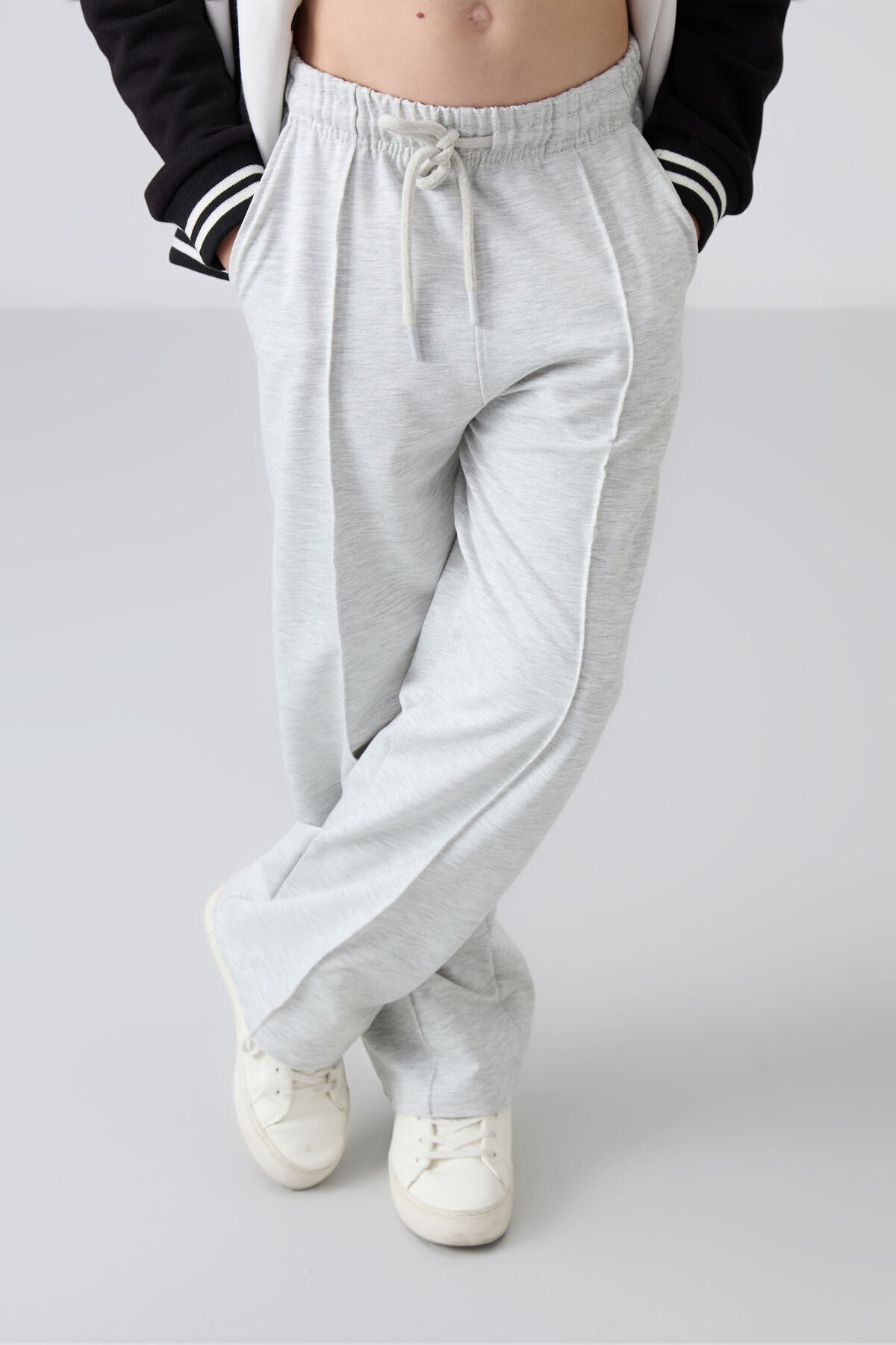 Ice Melange Striped No Sew Detailed Wide Leg Girls' Tracksuit Bottom -75144