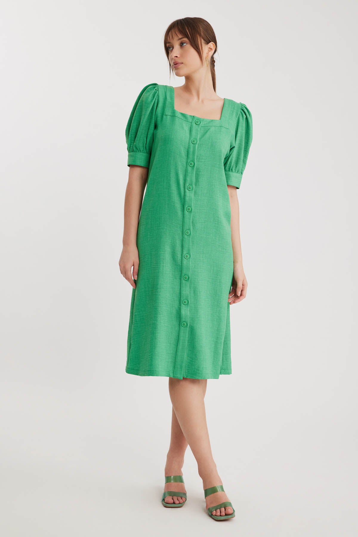 SHORT SLEEVE DRESS WITH SQUARE COLLAR FRONT BUTTON