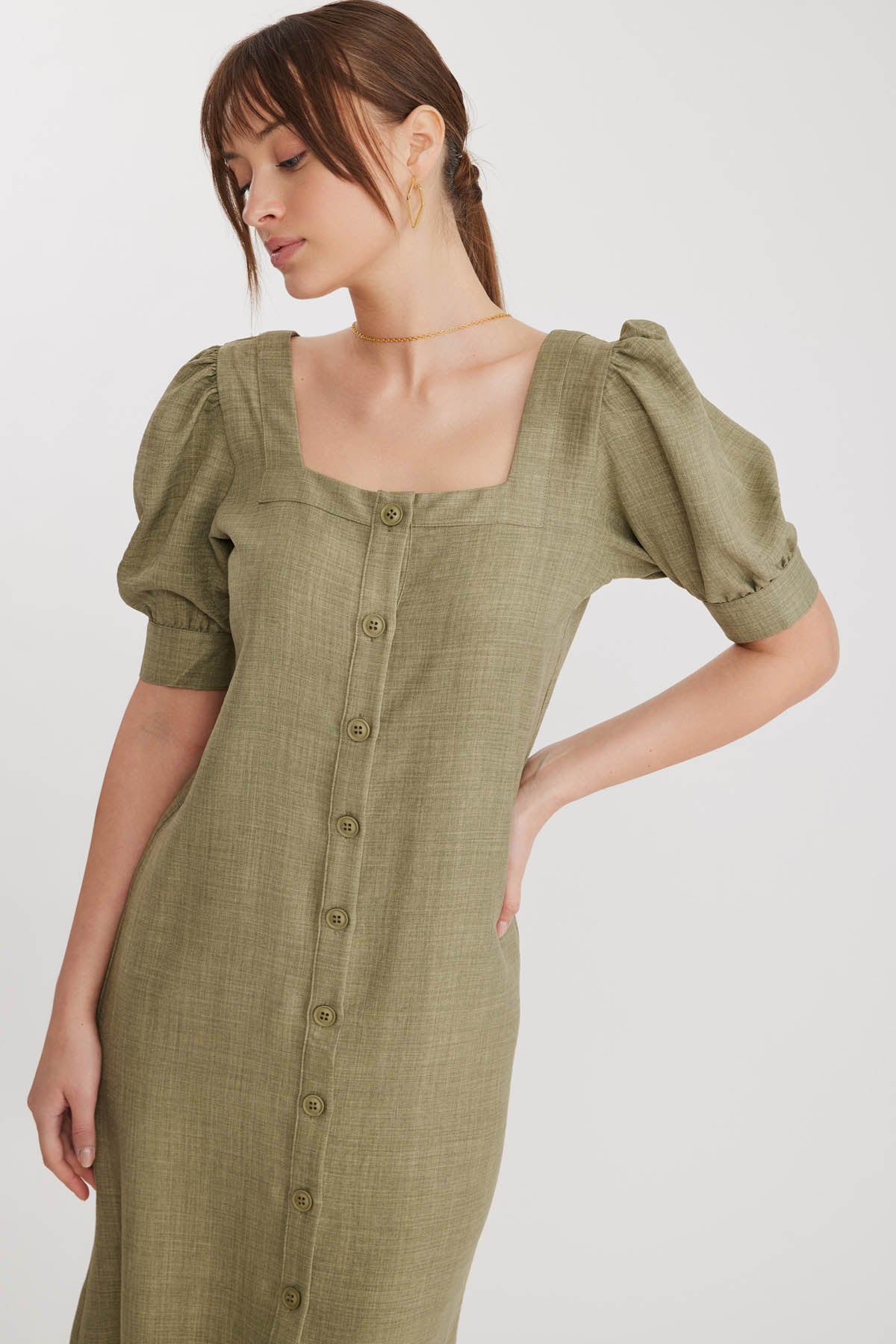 SHORT SLEEVE DRESS WITH SQUARE COLLAR FRONT BUTTON