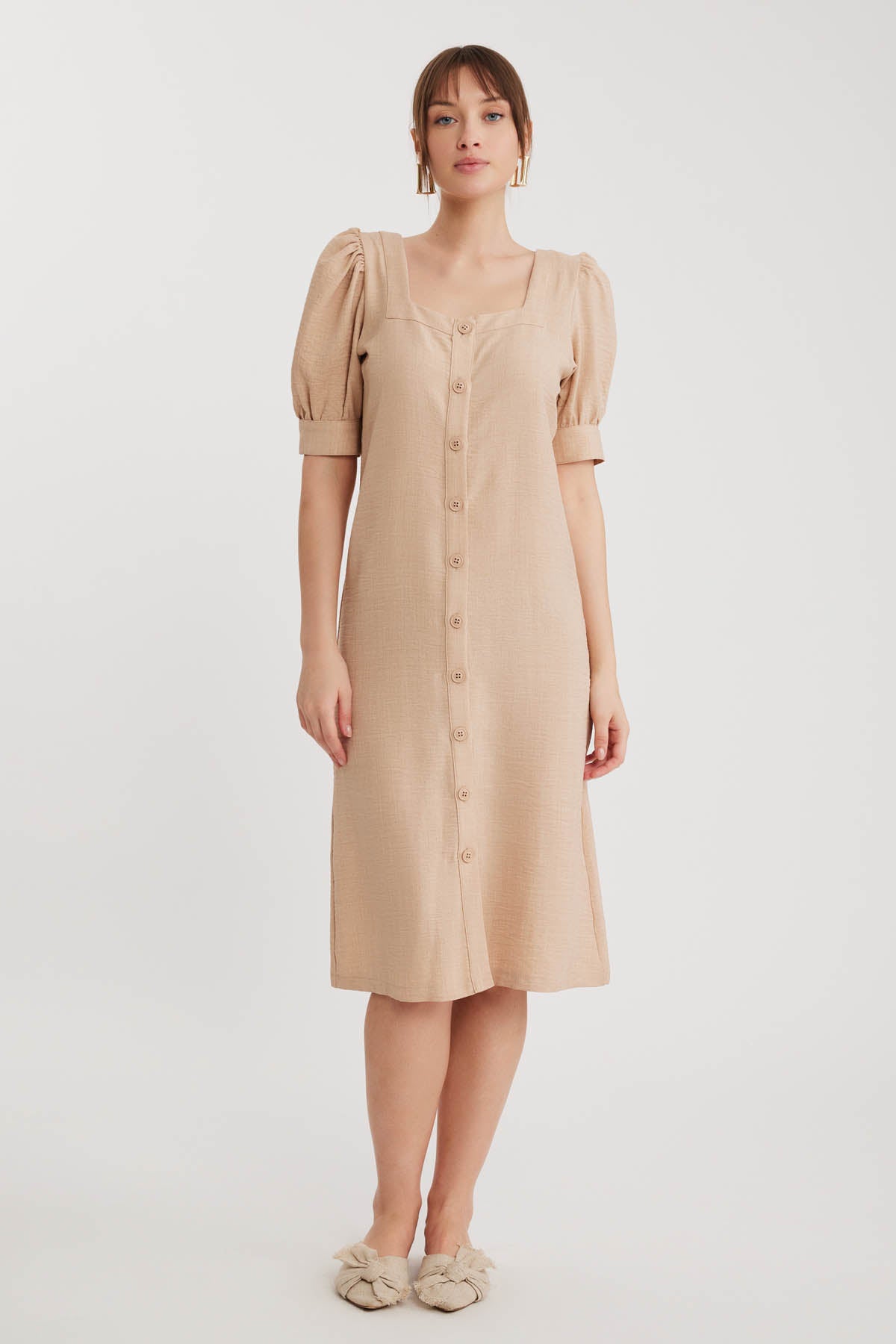 SHORT SLEEVE DRESS WITH SQUARE COLLAR FRONT BUTTON